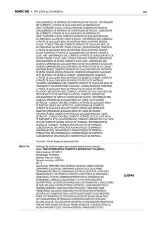 MARCAS - RPI 2246 de 21/01/2014

288

QUALQUER MEIO) DE MATERIAIS DE CONSTRUÇÃO METÁLICOS - [INFORMAÇÃO
EM]; COMÉRCIO (ATRAVÉS DE QUALQUER MEIO) DE MATERIAIS DE
CONSTRUÇÃO METÁLICOS - [CONSULTORIA EM]; COMÉRCIO (ATRAVÉS DE
QUALQUER MEIO) DE MATERIAIS DE CONSTRUÇÃO METÁLICOS - [ASSESSORIA
EM]; COMÉRCIO (ATRAVÉS DE QUALQUER MEIO) DE MATERIAIS DE
CONSTRUÇÃO METÁLICOS; COMÉRCIO (ATRAVÉS DE QUALQUER MEIO) DE
MATÉRIAS PARA CALAFETAR, VEDAR E ISOLAR - [INFORMAÇÃO EM]; COMÉRCIO
(ATRAVÉS DE QUALQUER MEIO) DE MATÉRIAS PARA CALAFETAR, VEDAR E
ISOLAR - [CONSULTORIA EM]; COMÉRCIO (ATRAVÉS DE QUALQUER MEIO) DE
MATÉRIAS PARA CALAFETAR, VEDAR E ISOLAR - [ASSESSORIA EM]; COMÉRCIO
(ATRAVÉS DE QUALQUER MEIO) DE MATÉRIAS PARA CALAFETAR, VEDAR E
ISOLAR; COMÉRCIO (ATRAVÉS DE QUALQUER MEIO) DE METAIS COMUNS E
SUAS LIGAS - [INFORMAÇÃO EM]; COMÉRCIO (ATRAVÉS DE QUALQUER MEIO) DE
METAIS COMUNS E SUAS LIGAS - [CONSULTORIA EM]; COMÉRCIO (ATRAVÉS DE
QUALQUER MEIO) DE METAIS COMUNS E SUAS LIGAS - [ASSESSORIA EM];
COMÉRCIO (ATRAVÉS DE QUALQUER MEIO) DE METAIS COMUNS E SUAS LIGAS;
COMÉRCIO (ATRAVÉS DE QUALQUER MEIO) DE PRODUTOS DE METAL COMUM [INFORMAÇÃO EM]; COMÉRCIO (ATRAVÉS DE QUALQUER MEIO) DE PRODUTOS
DE METAL COMUM - [CONSULTORIA EM]; COMÉRCIO (ATRAVÉS DE QUALQUER
MEIO) DE PRODUTOS DE METAL COMUM - [ASSESSORIA EM]; COMÉRCIO
(ATRAVÉS DE QUALQUER MEIO) DE PRODUTOS DE METAL COMUM; COMÉRCIO
(ATRAVÉS DE QUALQUER MEIO) DE PRODUTOS FEITOS DE MATÉRIAS
PLÁSTICAS - [INFORMAÇÃO EM]; COMÉRCIO (ATRAVÉS DE QUALQUER MEIO) DE
PRODUTOS FEITOS DE MATÉRIAS PLÁSTICAS - [CONSULTORIA EM]; COMÉRCIO
(ATRAVÉS DE QUALQUER MEIO) DE PRODUTOS FEITOS DE MATÉRIAS
PLÁSTICAS - [ASSESSORIA EM]; COMÉRCIO (ATRAVÉS DE QUALQUER MEIO) DE
PRODUTOS FEITOS DE MATÉRIAS PLÁSTICAS; COMÉRCIO (ATRAVÉS DE
QUALQUER MEIO) DE TUBOS FLEXÍVEIS NÃO METÁLICOS - [INFORMAÇÃO EM];
COMÉRCIO (ATRAVÉS DE QUALQUER MEIO) DE TUBOS FLEXÍVEIS NÃO
METÁLICOS - [CONSULTORIA EM]; COMÉRCIO (ATRAVÉS DE QUALQUER MEIO)
DE TUBOS FLEXÍVEIS NÃO METÁLICOS - [ASSESSORIA EM]; COMÉRCIO
(ATRAVÉS DE QUALQUER MEIO) DE TUBOS FLEXÍVEIS NÃO METÁLICOS;
COMÉRCIO (ATRAVÉS DE QUALQUER MEIO) DE TUBOS METÁLICOS [INFORMAÇÃO EM]; COMÉRCIO (ATRAVÉS DE QUALQUER MEIO) DE TUBOS
METÁLICOS - [CONSULTORIA EM]; COMÉRCIO (ATRAVÉS DE QUALQUER MEIO)
DE TUBOS METÁLICOS - [ASSESSORIA EM]; COMÉRCIO (ATRAVÉS DE QUALQUER
MEIO) DE TUBOS METÁLICOS; GESTÃO DE FRANQUIA - [INFORMAÇÃO EM];
GESTÃO DE FRANQUIA - [CONSULTORIA EM]; GESTÃO DE FRANQUIA [ASSESSORIA EM]; ORGANIZAÇÃO E ADMINISTRAÇÃO DE EMPRESA [INFORMAÇÃO EM]; ORGANIZAÇÃO E ADMINISTRAÇÃO DE EMPRESA [CONSULTORIA EM]; ORGANIZAÇÃO E ADMINISTRAÇÃO DE EMPRESA [ASSESSORIA EM]; ORGANIZAÇÃO E ADMINISTRAÇÃO DE EMPRESA;
Procurador: Whinter Borges do Nascimento Filho
906836719

Publicação de pedido de registro para oposição (exame formal concluído)
Titular: DIME DISTRIBUIDORA COMERCIO E IMPORTACAO LTDA [BR/RJ]
Data de depósito: 03/10/2013
Apresentação: Nominativa
Natureza: Marca de Produto
Elemento nominativo: GUEPAR
NCL: 9
Especificação: AMPERÍMETROS; ANTENAS; ANTENAS; CABOS COAXIAIS;
CAMPAINHAS [CIGARRAS]; CAMPAINHAS [DISPOSITIVOS DE ALARME];
CAMPAINHAS ELÉTRICAS; CAMPAINHAS ELÉTRICAS DE PORTA; CAPACETES
PARA PROTEÇÃO; COLETORES ELÉTRICOS; CONECTORES [ELETRICIDADE];
CONEXÕES ELÉTRICAS; DIMMERS [INTERRUPTOR DE GRADUAÇÃO DE
INTENSIDADE LUMINOSA]; DISJUNTORES; FILTROS PARA MÁSCARAS
RESPIRATÓRIAS; GEODÉSICOS (APARELHOS E INSTRUMENTOS -); INDICADORES
DE NÍVEL DE ÁGUA; INTERRUPTORES ELÉTRICOS; LUVAS PARA PROTEÇÃO
CONTRA ACIDENTES; MÁSCARAS PARA PROTEÇÃO *; MÁSCARAS PARA
PROTEÇÃO DE SOLDADOR; MÁSCARAS PROTETORAS PARA OPERÁRIOS;
MEDIÇÃO (INSTRUMENTOS PARA -); METROS [INSTRUMENTOS DE MEDIÇÃO];
NÍVEIS [INSTRUMENTOS DE TOPOGRAFIA]; NÍVEIS DE BOLHAS DE AR; NÍVEL
[INSTRUMENTO PARA DETERMINAR A HORIZONTALIDADE DE UM PLANO];
ÓCULOS; ÓCULOS; ÓCULOS ANTIOFUSCANTES; OLHOS MÁGICOS PARA PORTAS;
PAQUÍMETROS; PILHAS ELÉTRICAS; PRUMO (PESOS DE -); RELÉS ELÉTRICOS;
ROUPAS PARA PROTEÇÃO CONTRA ACIDENTES, IRRADIAÇÃO E FOGO;

GUEPAR

 