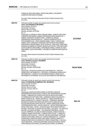 MARCAS - RPI 2246 de 21/01/2014

293

FARINHA DE OSSO PARA ANIMAL; RAÇÃO PARA ANIMAL; SUPLEMENTO
ALIMENTAR PARA RAÇÃO DE ANIMAL;
Procurador: Beerre Assessoria Empresarial Ltda.(Alt. de Beerre Assessoria Emp.
S/C.LTDA.)
906837081

Publicação de pedido de registro para oposição (exame formal concluído)
Titular: ALEX PAZIANOTTO ME [BR/SP]
Data de depósito: 03/10/2013
Apresentação: Nominativa
Natureza: Marca de Produto
Elemento nominativo: ECTOTRAT
NCL: 31
Especificação: ALGAROBILHO PARA CONSUMO ANIMAL; ALIMENTO PARA GADO;
ALIMENTOS PARA ANIMAIS; ANIMAIS (PREPARAÇÕES PARA ENGORDA DE -);
ANIMAIS CONFINADOS (ALIMENTO PARA -); ANIMAIS DE CRIAÇÃO
(PREPARAÇÕES PARA ENGORDA DE -); CEREAIS (SUBPRODUTOS DO
PROCESSAMENTO DE -), PARA CONSUMO ANIMAL; FARELO; FARINHA PARA
ANIMAIS; FENO; FORRAGEM; FORRAGENS FORTIFICANTES PARA ANIMAIS;
GRÃOS PARA CONSUMO ANIMAL; MILHO (TORTA DE -) PARA GADO; PAPAS PARA
ENGORDA DE ANIMAIS DE CRIAÇÃO; RESÍDUOS DE FRUTAS; TORTA PARA GADO;
ALFAFA [ALIMENTO PARA ANIMAL]; CAPIM [RAÇÃO ANIMAL]; FARINHA DE OSSO
PARA ANIMAL; RAÇÃO PARA ANIMAL; SUPLEMENTO ALIMENTAR PARA RAÇÃO DE
ANIMAL;

ECTOTRAT

Procurador: Beerre Assessoria Empresarial Ltda.(Alt. de Beerre Assessoria Emp.
S/C.LTDA.)
906837120

906837235

Publicação de pedido de registro para oposição (exame formal concluído)
Titular: Reabilitech Comércio LTDA [BR/SP]
Data de depósito: 03/10/2013
Apresentação: Nominativa
Natureza: Marca de Produto
Elemento nominativo: RECAP BONE
NCL: 10
Especificação: CIRÚRGICOS (APARELHOS E INSTRUMENTOS -); MÉDICOS
(APARELHOS E INSTRUMENTOS -); PRÓTESES; VETERINÁRIOS (APARELHOS E
INSTRUMENTOS -); APARELHO OU INSTRUMENTO MÉDICO; APARELHO OU
INSTRUMENTO VETERINÁRIO; ESTOJOS DE INSTRUMENTOS PARA MÉDICOS;
Publicação de pedido de registro para oposição (exame formal concluído)
Titular: HTY INDUSTRIA & COMERCIO LTDA - ME [BR/GO]
Data de depósito: 03/10/2013
Apresentação: Nominativa
Natureza: Marca de Produto
Elemento nominativo: Mad Life
NCL: 25
Especificação: AGASALHOS PARA AS MÃOS; ALPERCATAS; ANÁGUAS;
ANTIDERRAPANTES PARA BOTAS E SAPATOS; ANTITRANSPIRANTES (ROUPAS
ÍNTIMAS -); ARMAÇÕES DE CHAPÉUS; ARTIGOS DE MALHA [VESTUÁRIO];
AUTOMOBILISTAS (VESTUÁRIO PARA -); BANDANAS; BANHO (CALÇÕES DE -);
BANHO (CHINELOS DE -); BANHO (ROUPAS DE -); BANHO (ROUPÕES DE -);
BANHO (SANDÁLIAS DE -); BANHO (TOUCAS DE -); BERMUDAS; BIQUEIRAS;
BIQUEIRAS; BLAZERS [VESTUÁRIO]; BOA [ESTOLA DE PLUMAS]; BOLSOS;
BOLSOS PARA ROUPAS; BONÉ (PALAS DE -); BONÉS; BORZEGUINS; BOTAS
(ANTIDERRAPANTES PARA -); BOTAS (CANOS DE -); BOTAS (FERRAGENS PARA -);
BOTAS (VIRAS PARA -); BOTAS *; BOTAS DE ESQUI; BOTAS PARA ESPORTES *;
BOTINAS; CACHECÓIS; CALÇADOS (SALTOS PARA-); CALÇADOS *; CALÇADOS DE
MADEIRA; CALÇADOS EM GERAL *; CALCANHEIRAS PARA MEIAS; CALÇAS;
CALÇAS COMPRIDAS; CALÇÕES DE BANHO [SUNGAS]; CAMISA (PUNHO DE -);
CAMISAS; CAMISAS (PALAS PARA -); CAMISAS (PEITILHOS DE -); CAMISETAS;
CAMISETAS (PEITILHOS DE -); CAPOTES; CAPUZES [VESTUÁRIO]; CARTOLAS;
CASACOS [VESTUÁRIO]; CEROULAS; CHAPÉUS (ARMAÇÕES DE -); CHAPÉUS
[CHAPELARIA]; CHAPÉUS DE PAPEL [VESTUÁRIO]; CHAPÉUS, BONÉS ETC;
CHINELOS [PANTUFAS]; CHUTEIRAS DE FUTEBOL (TRAVAS PARA -); CICLISTAS
(VESTUÁRIO PARA -); CINTAS [ROUPA ÍNTIMA]; CINTOS [VESTUÁRIO]; CINTOS
PORTA-MOEDAS [VESTUÁRIO]; COLARINHOS [VESTUÁRIO]; COLARINHOS

RECAP BONE

Mad Life

 