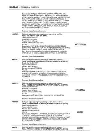 MARCAS - RPI 2246 de 21/01/2014

298

Especificação: ARMAÇÕES PARA GUARDA-CHUVA OU PARA GUARDA-SOL;
ARMAÇÕES PARA SACOLAS DE MÃO; BOLSAS; BOLSAS (ARMAÇÕES PARA -);
BOLSAS DE CAÇA; BOLSAS DE COURO PARA EMBALAGEM; BOLSAS DE COURO
PARA FERRAMENTAS; BOLSAS DE MALHAS; BOLSAS DE MÃO; BOLSAS DE
VIAGEM; BOLSAS PARA ALPINISTAS; CAPAS DE GUARDA-CHUVAS; CARTEIRAS
DE BOLSO; ESTOJOS DE COSMÉTICOS [NÉCESSAIRE]; GUARDA-CHUVA OU
GUARDA-SOL (VARETAS PARA -); MALAS DE ROUPAS PARA VIAGEM; MALAS DE
VIAGEM; MALETAS PARA DOCUMENTOS; MOCHILAS; MOCHILAS; MOCHILAS
ESCOLARES; PRAIA (BOLSAS DE -); BOLSAS;
Procurador: Manoel Paixao do Nascimento
906837677

Publicação de pedido de registro para oposição (exame formal concluído)
Titular: NTD EVENTOS LTDA - EPP [BR/RJ]
Data de depósito: 03/10/2013
Apresentação: Nominativa
Natureza: Marca de Serviço
Elemento nominativo: NTD EVENTOS
NCL: 41
Especificação: ORGANIZAÇÃO DE ESPETÁCULOS [SHOWS] [SERVIÇOS DE
EMPRESÁRIO] - [INFORMAÇÃO EM]; ORGANIZAÇÃO DE ESPETÁCULOS [SHOWS]
[SERVIÇOS DE EMPRESÁRIO] - [CONSULTORIA EM]; ORGANIZAÇÃO DE
ESPETÁCULOS [SHOWS] [SERVIÇOS DE EMPRESÁRIO] - [ASSESSORIA EM];
ORGANIZAÇÃO DE ESPETÁCULOS [SHOWS] [SERVIÇOS DE EMPRESÁRIO];

NTD EVENTOS

Procurador: Paulo Andre Vianna Nasser
906837693

Publicação de pedido de registro para oposição (exame formal concluído)
Titular: DRESDEN EMPREENDIMENTOS E PARTICIPAÇÕES LTDA ME [BR/SC]
Data de depósito: 03/10/2013
Apresentação: Nominativa
Natureza: Marca de Serviço
Elemento nominativo: STROGOBLU
NCL: 35
Especificação: COMÉRCIO (ATRAVÉS DE QUALQUER MEIO) DE PRODUTOS
ALIMENTÍCIOS; COMÉRCIO (ATRAVÉS DE QUALQUER MEIO) DE BEBIDAS
ALCOÓLICAS; COMÉRCIO (ATRAVÉS DE QUALQUER MEIO) DE BEBIDAS NÃOALCOÓLICAS;

STROGOBLU

Procurador: Sandro Conrado da Silva
906837715

Publicação de pedido de registro para oposição (exame formal concluído)
Titular: DRESDEN EMPREENDIMENTOS E PARTICIPAÇÕES LTDA ME [BR/SC]
Data de depósito: 03/10/2013
Apresentação: Nominativa
Natureza: Marca de Serviço
Elemento nominativo: STROGOBLU
NCL: 43
Especificação: BUFÊ (SERVIÇO DE -); LANCHONETES; RESTAURANTES;

STROGOBLU

Procurador: Sandro Conrado da Silva
906837820

Publicação de pedido de registro para oposição (exame formal concluído)
Titular: VVT MODA COMÉRCIO IMPORTAÇÃO E EXPORTAÇÃO LTDA. [BR/SP]
Data de depósito: 03/10/2013
Apresentação: Nominativa
Natureza: Marca de Produto
Elemento nominativo: LIDITON
NCL: 14
Especificação: ANÉIS [JÓIAS E BIJUTERIAS]; BIJUTERIA / JOALHERIA (ARTIGOS DE
-); BRINCOS; CHAPÉUS (ORNAMENTOS DE) [DE METAL PRECIOSO];
CRONÔMETROS [RELÓGIOS DE PRECISÃO]; ESTOJOS DE RELÓGIOS DE PULSO;
GRAVATAS (PRENDEDORES DE -); PULSEIRAS DE RELÓGIO; RELÓGIOS DE
PULSO; RELÓGIOS DE PULSO;

LIDITON

Procurador: Manoel Paixao do Nascimento
906837871

Publicação de pedido de registro para oposição (exame formal concluído)
Titular: VVT MODA COMÉRCIO IMPORTAÇÃO E EXPORTAÇÃO LTDA. [BR/SP]

LIDITON

 