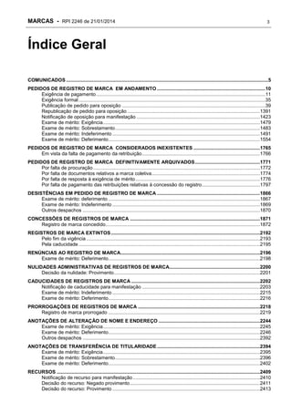 MARCAS - RPI 2246 de 21/01/2014

3

Índice Geral
COMUNICADOS .....................................................................................................................................................5
PEDIDOS DE REGISTRO DE MARCA EM ANDAMENTO ................................................................................10
Exigência de pagamento .............................................................................................................................11
Exigência formal ..........................................................................................................................................35
Publicação de pedido para oposição ..........................................................................................................39
Republicação de pedido para oposição ..................................................................................................1391
Notificação de oposição para manifestação ...........................................................................................1423
Exame de mérito: Exigência ....................................................................................................................1479
Exame de mérito: Sobrestamento ...........................................................................................................1483
Exame de mérito: Indeferimento .............................................................................................................1491
Exame de mérito: Deferimento ................................................................................................................1554
PEDIDOS DE REGISTRO DE MARCA CONSIDERADOS INEXISTENTES .................................................1765
Em vista da falta de pagamento da retribuição .......................................................................................1766
PEDIDOS DE REGISTRO DE MARCA DEFINITIVAMENTE ARQUIVADOS ................................................1771
Por falta de procuração ...........................................................................................................................1772
Por falta de documentos relativos a marca coletiva ................................................................................1774
Por falta de resposta à exigência de mérito ............................................................................................1776
Por falta de pagamento das retribuições relativas à concessão do registro...........................................1797
DESISTÊNCIAS EM PEDIDO DE REGISTRO DE MARCA ............................................................................1866
Exame de mérito: deferimento ................................................................................................................1867
Exame de mérito: Indeferimento .............................................................................................................1869
Outros despachos ...................................................................................................................................1870
CONCESSÕES DE REGISTROS DE MARCA ................................................................................................1871
Registro de marca concedido ..................................................................................................................1872
REGISTROS DE MARCA EXTINTOS ..............................................................................................................2192
Pelo fim da vigência ................................................................................................................................2193
Pela caducidade ......................................................................................................................................2195
RENÚNCIAS AO REGISTRO DE MARCA.......................................................................................................2196
Exame de mérito: Deferimento ................................................................................................................2198
NULIDADES ADMINISTRATIVAS DE REGISTROS DE MARCA...................................................................2200
Decisão da nulidade: Provimento............................................................................................................2201
CADUCIDADES DE REGISTROS DE MARCA ...............................................................................................2202
Notificação de caducidade para manifestação .......................................................................................2203
Exame de mérito: Indeferimento .............................................................................................................2215
Exame de mérito: Deferimento ................................................................................................................2216
PRORROGAÇÕES DE REGISTROS DE MARCA ..........................................................................................2218
Registro de marca prorrogado ................................................................................................................2219
ANOTAÇÕES DE ALTERAÇÃO DE NOME E ENDEREÇO ...........................................................................2244
Exame de mérito: Exigência ....................................................................................................................2245
Exame de mérito: Deferimento ................................................................................................................2246
Outros despachos ...................................................................................................................................2392
ANOTAÇÕES DE TRANSFERÊNCIA DE TITULARIDADE ............................................................................2394
Exame de mérito: Exigência ....................................................................................................................2395
Exame de mérito: Sobrestamento ...........................................................................................................2396
Exame de mérito: Deferimento ................................................................................................................2402
RECURSOS ......................................................................................................................................................2409
Notificação de recurso para manifestação ..............................................................................................2410
Decisão do recurso: Negado provimento ................................................................................................2411
Decisão do recurso: Provimento .............................................................................................................2413

 