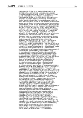 MARCAS - RPI 2246 de 21/01/2014
[CONSULTORIA EM]; ALUGUEL DE EQUIPAMENTOS PARA ILUMINAÇÃO DE
TEATRO OU ESTÚDIOS DE TELEVISÃO - [ASSESSORIA EM]; ALUGUEL DE
EQUIPAMENTOS PARA ILUMINAÇÃO DE TEATRO OU ESTÚDIOS DE TELEVISÃO;
ALUGUEL DE ESTÁDIOS - [INFORMAÇÃO EM]; ALUGUEL DE ESTÁDIOS [CONSULTORIA EM]; ALUGUEL DE ESTÁDIOS - [ASSESSORIA EM]; ALUGUEL DE
ESTÁDIOS; ALUGUEL DE FILMES CINEMATOGRÁFICOS - [INFORMAÇÃO EM];
ALUGUEL DE FILMES CINEMATOGRÁFICOS - [ASSESSORIA EM]; ALUGUEL DE
FILMES CINEMATOGRÁFICOS; ALUGUEL DE FITAS DE VÍDEO - [INFORMAÇÃO EM];
ALUGUEL DE FITAS DE VÍDEO - [CONSULTORIA EM]; ALUGUEL DE FITAS DE VÍDEO
- [ASSESSORIA EM]; ALUGUEL DE FITAS DE VÍDEO; BOATES - [INFORMAÇÃO EM];
BOATES - [CONSULTORIA EM]; BOATES - [ASSESSORIA EM]; BOATES; CENÁRIOS
PARA PALCO (ALUGUEL DE -) - [INFORMAÇÃO EM]; CENÁRIOS PARA PALCO
(ALUGUEL DE -) - [CONSULTORIA EM]; CENÁRIOS PARA PALCO (ALUGUEL DE -) [ASSESSORIA EM]; CENÁRIOS PARA PALCO (ALUGUEL DE -); CENÁRIOS PARA
SHOWS (ALUGUEL DE -) - [INFORMAÇÃO EM]; CENÁRIOS PARA SHOWS
(ALUGUEL DE -) - [CONSULTORIA EM]; CENÁRIOS PARA SHOWS (ALUGUEL DE -)
- [ASSESSORIA EM]; CENÁRIOS PARA SHOWS (ALUGUEL DE -); CINEMA
(ALUGUEL DE FILMES DE -) - [INFORMAÇÃO EM]; CINEMA (ALUGUEL DE FILMES
DE -) - [CONSULTORIA EM]; CINEMA (ALUGUEL DE FILMES DE -) - [ASSESSORIA
EM]; CINEMA (ALUGUEL DE FILMES DE -); CINEMA (ESTÚDIOS DE -) [INFORMAÇÃO EM]; CINEMA (ESTÚDIOS DE -) - [CONSULTORIA EM]; CINEMA
(ESTÚDIOS DE -) - [ASSESSORIA EM]; CINEMA (ESTÚDIOS DE -); CINEMA
(PROVIMENTO DE INSTALAÇÕES PARA SALAS DE -) - [INFORMAÇÃO EM]; CINEMA
(PROVIMENTO DE INSTALAÇÕES PARA SALAS DE -) - [CONSULTORIA EM]; CINEMA
(PROVIMENTO DE INSTALAÇÕES PARA SALAS DE -) - [ASSESSORIA EM]; CINEMA
(PROVIMENTO DE INSTALAÇÕES PARA SALAS DE -); ENTRETENIMENTO [INFORMAÇÃO EM]; ENTRETENIMENTO - [CONSULTORIA EM]; ENTRETENIMENTO
- [ASSESSORIA EM]; ENTRETENIMENTO; ENTRETENIMENTO [LAZER]
(INFORMAÇÕES SOBRE -) - [INFORMAÇÃO EM]; ENTRETENIMENTO [LAZER]
(INFORMAÇÕES SOBRE -) - [CONSULTORIA EM]; ENTRETENIMENTO [LAZER]
(INFORMAÇÕES SOBRE -) - [ASSESSORIA EM]; ENTRETENIMENTO [LAZER]
(INFORMAÇÕES SOBRE -); ESPETÁCULOS (SERVIÇOS DE -) - [INFORMAÇÃO EM];
ESPETÁCULOS (SERVIÇOS DE -) - [CONSULTORIA EM]; ESPETÁCULOS
(SERVIÇOS DE -) - [ASSESSORIA EM]; ESPETÁCULOS (SERVIÇOS DE -);
ESPETÁCULOS AO VIVO (APRESENTAÇÃO DE -) - [INFORMAÇÃO EM];
ESPETÁCULOS AO VIVO (APRESENTAÇÃO DE -) - [CONSULTORIA EM];
ESPETÁCULOS AO VIVO (APRESENTAÇÃO DE -) - [ASSESSORIA EM];
ESPETÁCULOS AO VIVO (APRESENTAÇÃO DE -); FESTAS (PLANEJAMENTO DE -) [INFORMAÇÃO EM]; FESTAS (PLANEJAMENTO DE -) - [CONSULTORIA EM]; FESTAS
(PLANEJAMENTO DE -) - [ASSESSORIA EM]; FESTAS (PLANEJAMENTO DE -);
FILMAGEM EM VÍDEO - [INFORMAÇÃO EM]; FILMAGEM EM VÍDEO - [CONSULTORIA
EM]; FILMAGEM EM VÍDEO - [ASSESSORIA EM]; FILMAGEM EM VÍDEO; FILMES DE
CINEMA (ALUGUEL DE -) - [INFORMAÇÃO EM]; FILMES DE CINEMA (ALUGUEL DE -)
- [CONSULTORIA EM]; FILMES DE CINEMA (ALUGUEL DE -) - [ASSESSORIA EM];
FILMES DE CINEMA (ALUGUEL DE -); FOTOGRÁFICAS (REPORTAGENS -) [INFORMAÇÃO EM]; FOTOGRÁFICAS (REPORTAGENS -) - [CONSULTORIA EM];
FOTOGRÁFICAS (REPORTAGENS -) - [ASSESSORIA EM]; FOTOGRÁFICAS
(REPORTAGENS -); MODELOS VIVOS PARA ARTISTAS (SERVIÇOS DE-) [INFORMAÇÃO EM]; MODELOS VIVOS PARA ARTISTAS (SERVIÇOS DE-) [CONSULTORIA EM]; MODELOS VIVOS PARA ARTISTAS (SERVIÇOS DE-) [ASSESSORIA EM]; MODELOS VIVOS PARA ARTISTAS (SERVIÇOS DE-);
ORGANIZAÇÃO E APRESENTAÇÃO DE OFICINAS DE TRABALHO [TREINAMENTO] [INFORMAÇÃO EM]; ORGANIZAÇÃO E APRESENTAÇÃO DE OFICINAS DE
TRABALHO [TREINAMENTO] - [CONSULTORIA EM]; ORGANIZAÇÃO E
APRESENTAÇÃO DE OFICINAS DE TRABALHO [TREINAMENTO] - [ASSESSORIA
EM]; ORGANIZAÇÃO E APRESENTAÇÃO DE OFICINAS DE TRABALHO
[TREINAMENTO]; ORIENTAÇÃO [TREINAMENTO] - [INFORMAÇÃO EM];
ORIENTAÇÃO [TREINAMENTO] - [CONSULTORIA EM]; ORIENTAÇÃO
[TREINAMENTO] - [ASSESSORIA EM]; ORIENTAÇÃO [TREINAMENTO];
ORIENTAÇÃO VOCACIONAL - [INFORMAÇÃO EM]; ORIENTAÇÃO VOCACIONAL [CONSULTORIA EM]; ORIENTAÇÃO VOCACIONAL - [ASSESSORIA EM];
ORIENTAÇÃO VOCACIONAL; PLANEJAMENTO DE FESTAS - [INFORMAÇÃO EM];
PLANEJAMENTO DE FESTAS - [CONSULTORIA EM]; PLANEJAMENTO DE FESTAS [ASSESSORIA EM]; PLANEJAMENTO DE FESTAS; PRÁTICO (TREINAMENTO -)
[DEMONSTRAÇÃO] - [INFORMAÇÃO EM]; PRÁTICO (TREINAMENTO -)
[DEMONSTRAÇÃO] - [CONSULTORIA EM]; PRÁTICO (TREINAMENTO -)
[DEMONSTRAÇÃO] - [ASSESSORIA EM]; PRÁTICO (TREINAMENTO -)
[DEMONSTRAÇÃO]; PRODUÇÃO DE FILMES, EXCETO PARA FINS DE

303

 