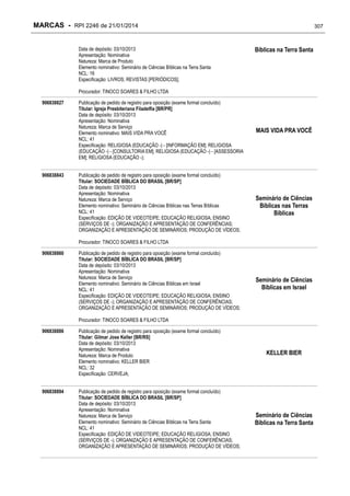 MARCAS - RPI 2246 de 21/01/2014
Data de depósito: 03/10/2013
Apresentação: Nominativa
Natureza: Marca de Produto
Elemento nominativo: Seminário de Ciências Bíblicas na Terra Santa
NCL: 16
Especificação: LIVROS; REVISTAS [PERIÓDICOS];

307

Bíblicas na Terra Santa

Procurador: TINOCO SOARES & FILHO LTDA
906838827

906838843

Publicação de pedido de registro para oposição (exame formal concluído)
Titular: Igreja Presbiteriana Filadelfia [BR/PR]
Data de depósito: 03/10/2013
Apresentação: Nominativa
Natureza: Marca de Serviço
Elemento nominativo: MAIS VIDA PRA VOCÊ
NCL: 41
Especificação: RELIGIOSA (EDUCAÇÃO -) - [INFORMAÇÃO EM]; RELIGIOSA
(EDUCAÇÃO -) - [CONSULTORIA EM]; RELIGIOSA (EDUCAÇÃO -) - [ASSESSORIA
EM]; RELIGIOSA (EDUCAÇÃO -);
Publicação de pedido de registro para oposição (exame formal concluído)
Titular: SOCIEDADE BÍBLICA DO BRASIL [BR/SP]
Data de depósito: 03/10/2013
Apresentação: Nominativa
Natureza: Marca de Serviço
Elemento nominativo: Seminário de Ciências Bíblicas nas Terras Bíblicas
NCL: 41
Especificação: EDIÇÃO DE VIDEOTEIPE; EDUCAÇÃO RELIGIOSA; ENSINO
(SERVIÇOS DE -); ORGANIZAÇÃO E APRESENTAÇÃO DE CONFERÊNCIAS;
ORGANIZAÇÃO E APRESENTAÇÃO DE SEMINÁRIOS; PRODUÇÃO DE VÍDEOS;

MAIS VIDA PRA VOCÊ

Seminário de Ciências
Bíblicas nas Terras
Bíblicas

Procurador: TINOCO SOARES & FILHO LTDA
906838860

Publicação de pedido de registro para oposição (exame formal concluído)
Titular: SOCIEDADE BÍBLICA DO BRASIL [BR/SP]
Data de depósito: 03/10/2013
Apresentação: Nominativa
Natureza: Marca de Serviço
Elemento nominativo: Seminário de Ciências Bíblicas em Israel
NCL: 41
Especificação: EDIÇÃO DE VIDEOTEIPE; EDUCAÇÃO RELIGIOSA; ENSINO
(SERVIÇOS DE -); ORGANIZAÇÃO E APRESENTAÇÃO DE CONFERÊNCIAS;
ORGANIZAÇÃO E APRESENTAÇÃO DE SEMINÁRIOS; PRODUÇÃO DE VÍDEOS;

Seminário de Ciências
Bíblicas em Israel

Procurador: TINOCO SOARES & FILHO LTDA
906838886

906838894

Publicação de pedido de registro para oposição (exame formal concluído)
Titular: Gilmar Jose Keller [BR/RS]
Data de depósito: 03/10/2013
Apresentação: Nominativa
Natureza: Marca de Produto
Elemento nominativo: KELLER BIER
NCL: 32
Especificação: CERVEJA;
Publicação de pedido de registro para oposição (exame formal concluído)
Titular: SOCIEDADE BÍBLICA DO BRASIL [BR/SP]
Data de depósito: 03/10/2013
Apresentação: Nominativa
Natureza: Marca de Serviço
Elemento nominativo: Seminário de Ciências Bíblicas na Terra Santa
NCL: 41
Especificação: EDIÇÃO DE VIDEOTEIPE; EDUCAÇÃO RELIGIOSA; ENSINO
(SERVIÇOS DE -); ORGANIZAÇÃO E APRESENTAÇÃO DE CONFERÊNCIAS;
ORGANIZAÇÃO E APRESENTAÇÃO DE SEMINÁRIOS; PRODUÇÃO DE VÍDEOS;

KELLER BIER

Seminário de Ciências
Bíblicas na Terra Santa

 