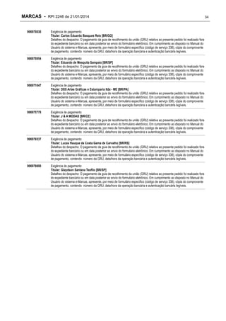 MARCAS - RPI 2246 de 21/01/2014
906970830

Exigência de pagamento
Titular: Carlos Eduardo Basques Reis [BR/GO]
Detalhes do despacho: O pagamento da guia de recolhimento da união (GRU) relativa ao presente pedido foi realizado fora
do expediente bancário ou em data posterior ao envio do formulário eletrônico. Em cumprimento ao disposto no Manual do
Usuário do sistema e-Marcas, apresente, por meio de formulário específico (código de serviço 338), cópia do comprovante
de pagamento, contendo número da GRU, data/hora da operação bancária e autenticação bancária legíveis.

906970954

Exigência de pagamento
Titular: Eduardo de Mesquita Sampaio [BR/SP]
Detalhes do despacho: O pagamento da guia de recolhimento da união (GRU) relativa ao presente pedido foi realizado fora
do expediente bancário ou em data posterior ao envio do formulário eletrônico. Em cumprimento ao disposto no Manual do
Usuário do sistema e-Marcas, apresente, por meio de formulário específico (código de serviço 338), cópia do comprovante
de pagamento, contendo número da GRU, data/hora da operação bancária e autenticação bancária legíveis.

906971047

Exigência de pagamento
Titular: DSS Artes Gráficas e Estamparia ltda - ME [BR/PA]
Detalhes do despacho: O pagamento da guia de recolhimento da união (GRU) relativa ao presente pedido foi realizado fora
do expediente bancário ou em data posterior ao envio do formulário eletrônico. Em cumprimento ao disposto no Manual do
Usuário do sistema e-Marcas, apresente, por meio de formulário específico (código de serviço 338), cópia do comprovante
de pagamento, contendo número da GRU, data/hora da operação bancária e autenticação bancária legíveis.

906975778

Exigência de pagamento
Titular: J & A MODAS [BR/CE]
Detalhes do despacho: O pagamento da guia de recolhimento da união (GRU) relativa ao presente pedido foi realizado fora
do expediente bancário ou em data posterior ao envio do formulário eletrônico. Em cumprimento ao disposto no Manual do
Usuário do sistema e-Marcas, apresente, por meio de formulário específico (código de serviço 338), cópia do comprovante
de pagamento, contendo número da GRU, data/hora da operação bancária e autenticação bancária legíveis.

906976537

Exigência de pagamento
Titular: Lucas Hauque da Costa Gama de Carvalho [BR/RS]
Detalhes do despacho: O pagamento da guia de recolhimento da união (GRU) relativa ao presente pedido foi realizado fora
do expediente bancário ou em data posterior ao envio do formulário eletrônico. Em cumprimento ao disposto no Manual do
Usuário do sistema e-Marcas, apresente, por meio de formulário específico (código de serviço 338), cópia do comprovante
de pagamento, contendo número da GRU, data/hora da operação bancária e autenticação bancária legíveis.

906976600

Exigência de pagamento
Titular: Glaydson Santana Teofilo [BR/SP]
Detalhes do despacho: O pagamento da guia de recolhimento da união (GRU) relativa ao presente pedido foi realizado fora
do expediente bancário ou em data posterior ao envio do formulário eletrônico. Em cumprimento ao disposto no Manual do
Usuário do sistema e-Marcas, apresente, por meio de formulário específico (código de serviço 338), cópia do comprovante
de pagamento, contendo número da GRU, data/hora da operação bancária e autenticação bancária legíveis.

34

 