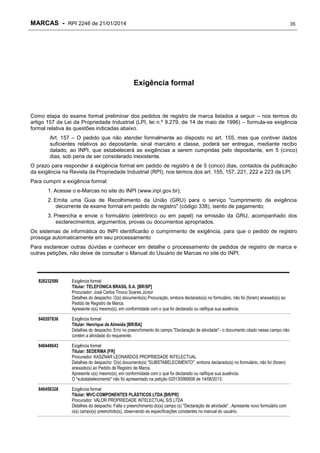 MARCAS - RPI 2246 de 21/01/2014

35

Exigência formal

Como etapa do exame formal preliminar dos pedidos de registro de marca listados a seguir – nos termos do
artigo 157 da Lei da Propriedade Industrial (LPI, lei n.º 9.279, de 14 de maio de 1996) – formula-se exigência
formal relativa às questões indicadas abaixo.
Art. 157 – O pedido que não atender formalmente ao disposto no art. 155, mas que contiver dados
suficientes relativos ao depositante, sinal marcário e classe, poderá ser entregue, mediante recibo
datado, ao INPI, que estabelecerá as exigências a serem cumpridas pelo depositante, em 5 (cinco)
dias, sob pena de ser considerado inexistente.
O prazo para responder à exigência formal em pedido de registro é de 5 (cinco) dias, contados da publicação
da exigência na Revista da Propriedade Industrial (RPI), nos termos dos art. 155, 157, 221, 222 e 223 da LPI.
Para cumprir a exigência formal:
1. Acesse o e-Marcas no site do INPI (www.inpi.gov.br);
2. Emita uma Guia de Recolhimento da União (GRU) para o serviço "cumprimento de exigência
decorrente de exame formal em pedido de registro" (código 338), isento de pagamento;
3. Preencha e envie o formulário (eletrônico ou em papel) na emissão da GRU, acompanhado dos
esclarecimentos, argumentos, provas ou documentos apropriados.
Os sistemas de informática do INPI identificarão o cumprimento de exigência, para que o pedido de registro
prossiga automaticamente em seu processamento
Para esclarecer outras dúvidas e conhecer em detalhe o processamento de pedidos de registro de marca e
outras petições, não deixe de consultar o Manual do Usuário de Marcas no site do INPI.

828232580

Exigência formal
Titular: TELEFONICA BRASIL S.A. [BR/SP]
Procurador: José Carlos Tinoco Soares Júnior
Detalhes do despacho: O(s) documento(s) Procuração, embora declarado(s) no formulário, não foi (foram) anexado(s) ao
Pedido de Registro de Marca.
Apresente o(s) mesmo(s), em conformidade com o que foi declarado ou ratifique sua ausência.

840287836

Exigência formal
Titular: Henrique de Almeida [BR/BA]
Detalhes do despacho: Erro no preenchimento do campo "Declaração de atividade" - o documento citado nesse campo não
contém a atividade do requerente.

840448643

Exigência formal
Titular: SEDERMA [FR]
Procurador: KASZNAR LEONARDOS PROPRIEDADE INTELECTUAL
Detalhes do despacho: O(s) documento(s) "SUBSTABELECIMENTO", embora declarado(s) no formulário, não foi (foram)
anexado(s) ao Pedido de Registro de Marca.
Apresente o(s) mesmo(s), em conformidade com o que foi declarado ou ratifique sua ausência.
O "substabelecimento" não foi apresentado na petição 020130069508 de 14/08/2013.

840456328

Exigência formal
Titular: MVC-COMPONENTES PLÁSTICOS LTDA [BR/PR]
Procurador: VALOR PROPRIEDADE INTELECTUAL S/S LTDA
Detalhes do despacho: Falta o preenchimento do(s) campo (s) "Declaração de atividade" . Apresente novo formulário com
o(s) campo(s) preenchido(s), observando as especificações constantes no manual do usuário.

 