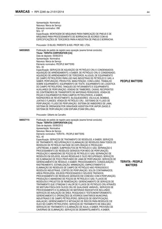 MARCAS - RPI 2246 de 21/01/2014

44

Apresentação: Nominativa
Natureza: Marca de Serviço
Elemento nominativo: VMI
NCL: 37
Especificação: MONTAGEM DE MÁQUINAS PARA FABRICAÇÃO DE PNEUS E DE
MÁQUINAS PARA PROCESSAMENTO DE BORRACHA DE ACORDO COM AS
ESPECIFICAÇÕES DE TERCEIROS PARA A INDÚSTRIA DE PNEUS E BORRACHA.
Procurador: DI BLASI, PARENTE & ASS. PROP. IND. LTDA.
840536925

Publicação de pedido de registro para oposição (exame formal concluído)
Titular: TERVITA CORPORATION [CA]
Data de depósito: 05/06/2013
Apresentação: Nominativa
Natureza: Marca de Serviço
Elemento nominativo: PEOPLE MATTERS
NCL: 35
Especificação: SERVIÇOS DE AQUISIÇÃO DE PETRÓLEO CRU E CONDENSADOS;
AQUISIÇÃO DE ARRENDAMENTO, A SABER, DE PETRÓLEO CRU E CONDENSADO,
AQUISIÇÃO DE ARRENDAMENTO DE TERCEIROS; ALUGUEL DE EQUIPAMENTO
DE CAMPO PETROLÍFERO PARA USO NAS INDÚSTRIAS DE PETRÓLEO E GÁS, A
SABER, PERFURAÇÃO, PRODUTOS, MANUTENÇÃO, CONCLUSÃO, TRABALHO
SOBRE EQUIPAMENTO, EQUIPAMENTO DE TESTE, EQUIPAMENTO DE LOGÍSTICA
DO CAMPO PETROLÍFERO, TANQUES DE FATURAMENTO E EQUIPAMENTO,
AUXILIARES DE PERFURAÇÃO; VENDAS DE TAMBORES, CAIXAS, RECIPIENTES
DE CONTÊINERES DE TRANSPORTE DE MATERIAIS PERIGOSOS; VENDA DE
PEÇAS E EQUIPAMENTOS PARA CAMPOS PETROLÍFEROS, A SABER,
RASPADORES DE REVESTIMENTO, BLOQUEADORES, VÁLVULAS, BOMBAS,
JUNTAS E FLANGES; VENDA DE PETRÓLEO CRU ; SISTEMAS DE FLUIDO DE
PERFURAÇÃO, FLUIDO DE PERFURAÇÃO, SISTEMA DE INIBIDORES DE LAMA,
SISTEMA DE DRENAGEM POR GRAVIDADE ASSISTIDA POR VAPOR (SAGD) E
SISTEMA DE PERFURAÇÃO COM ESPUMA (FOAM DRILLING).

PEOPLE MATTERS

Procurador: Gilberto de Carvalho
840537115

Publicação de pedido de registro para oposição (exame formal concluído)
Titular: TERVITA CORPORATION [CA]
Data de depósito: 05/06/2013
Apresentação: Nominativa
Natureza: Marca de Serviço
Elemento nominativo: TERVITA - PEOPLE MATTERS
NCL: 40
Especificação: SERVIÇOS DE TRATAMENTO DE RESÍDUOS, A SABER, SERVIÇOS
DE TRATAMENTO, RECUPERAÇÃO E ELIMINAÇÃO DE RESÍDUOS PARA TODOS OS
RESÍDUOS DE PETRÓLEO NA FASE DE EXPLORAÇÃO E PRODUÇÃO
(UPSTREAM), A SABER, SUBPRODUTOS DE PETRÓLEO E GÁS; SEPARAÇÃO E
PROCESSAMENTO DE RESÍDUOS GERADOS POR MEIO DE PERFURAÇÃO,
PRODUÇÃO E ABANDONO DE POÇOS DE PETRÓLEO E GÁS; SEPARAÇÃO DE
RESÍDUOS EM SÓLIDOS, ÁGUAS RESIDUAIS E ÓLEO RECUPERADO; SERVIÇOS
DE ELIMINAÇÃO DE POÇO PROFUNDO DE LAMA DE PERFURAÇÃO; SERVIÇOS DE
GERENCIAMENTO DE RESÍDUO, A SABER, PROCESSAMENTO, CONSOLIDAÇÃO,
RASTREAMENTO, ESTABILIZAÇÃO, MINIMIZAÇÃO, EMPACOTAMENTO E
ELIMINAÇÃO DE RESÍDUOS DE CAMPO DE PETRÓLEO NÃO PERIGOSOS E
RESÍDUOS INDUSTRIAIS, CORTES DE PERFURAÇÃO, SOLOS CONTAMINADOS,
AREIA PRODUZIDA, SÓLIDOS PROCESSADOS E SÓLIDOS TRATADOS;
PROCESSAMENTO DE RESÍDUOS GERADOS EM CONEXÃO COM A PERFURAÇÃO,
PRODUÇÃO E ABANDONO DE POÇOS DE PETRÓLEO E GÁS, FLUXOS DE
RESÍDUOS E PROJETOS DE REMEDIAÇÃO; GERENCIAMENTO DE SERVIÇOS DE
TRATAMENTO QUE OTIMIZAM O VALOR DE FLUXOS DE PETRÓLEO CRU ATRAVÉS
DE MISTURA FÍSICA DOS ÓLEOS CRU DE QUALIDADE VARIÁVEL; SERVIÇOS DE
PROCESSAMENTO E ELIMINAÇÃO DE MATERIAIS RADIOATIVOS INCLUINDO
SERVIÇOS DE AVALIAÇÃO DE ÁREA, PESQUISAS E TESTE/MONITORAMENTO;
GERENCIAMENTO E OPERAÇÕES DE ATERROS SANITÁRIOS MUNICIPAIS,
INDUSTRIAIS E DE CAMPO PETROLÍFERO; SERVIÇOS DE IDENTIFICAÇÃO,
AVALIAÇÃO, GERENCIAMENTO E MITIGAÇÃO DE RISCOS PARA RESÍDUOS CIE
ÓLEO NO CAMPO PETROLÍFERO; SERVIÇOS DE TRATAMENTO DE EMULSÃO;
SERVIÇOS DE TRATAMENTO E ELIMINAÇÃO DE ÁGUA, A SABER, PROVISÃO DE
CAVERNAS DE ELIMINAÇÃO; SERVIÇOS DE DESMANTELAMENTO, A SABER,

TERVITA - PEOPLE
MATTERS

 