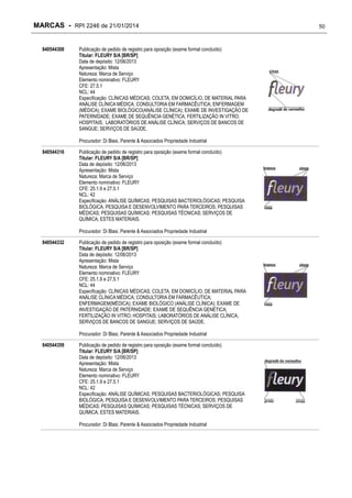 MARCAS - RPI 2246 de 21/01/2014
840544308

Publicação de pedido de registro para oposição (exame formal concluído)
Titular: FLEURY S/A [BR/SP]
Data de depósito: 12/06/2013
Apresentação: Mista
Natureza: Marca de Serviço
Elemento nominativo: FLEURY
CFE: 27.5.1
NCL: 44
Especificação: CLÍNICAS MÉDICAS; COLETA, EM DOMICÍLIO, DE MATERIAL PARA
ANÁLISE CLÍNICA MÉDICA; CONSULTORIA EM FARMACÊUTICA; ENFERMAGEM
(MÉDICA); EXAME BIOLÓGICO(ANÁLISE CLÍNICA); EXAME DE INVESTIGAÇÃO DE
PATERNIDADE; EXAME DE SEQUÊNCIA GENÉTICA; FERTILIZAÇÃO IN VITRO;
HOSPITAIS; LABORATÓRIOS DE ANÁLISE CLÍNICA; SERVIÇOS DE BANCOS DE
SANGUE; SERVIÇOS DE SAÚDE.
Procurador: Di Blasi, Parente & Associados Propriedade Industrial

840544316

Publicação de pedido de registro para oposição (exame formal concluído)
Titular: FLEURY S/A [BR/SP]
Data de depósito: 12/06/2013
Apresentação: Mista
Natureza: Marca de Serviço
Elemento nominativo: FLEURY
CFE: 25.1.9 e 27.5.1
NCL: 42
Especificação: ANÁLISE QUÍMICAS; PESQUISAS BACTERIOLÓGICAS; PESQUISA
BIOLÓGICA; PESQUISA E DESENVOLVIMENTO PARA TERCEIROS; PESQUISAS
MÉDICAS; PESQUISAS QUÍMICAS; PESQUISAS TÉCNICAS; SERVIÇOS DE
QUÍMICA; ESTES MATERIAIS.
Procurador: Di Blasi, Parente & Associados Propriedade Industrial

840544332

Publicação de pedido de registro para oposição (exame formal concluído)
Titular: FLEURY S/A [BR/SP]
Data de depósito: 12/06/2013
Apresentação: Mista
Natureza: Marca de Serviço
Elemento nominativo: FLEURY
CFE: 25.1.9 e 27.5.1
NCL: 44
Especificação: CLÍNICAS MÉDICAS; COLETA, EM DOMICÍLIO, DE MATERIAL PARA
ANÁLISE CLÍNICA MÉDICA; CONSULTORIA EM FARMACÊUTICA;
ENFERMAGEM(MÉDICA); EXAME BIOLÓGICO (ANÁLISE CLÍNICA); EXAME DE
INVESTIGAÇÃO DE PATERNIDADE; EXAME DE SEQUÊNCIA GENÉTICA;
FERTILIZAÇÃO IN VITRO; HOSPITAIS; LABORATÓRIOS DE ANÁLISE CLÍNICA;
SERVIÇOS DE BANCOS DE SANGUE; SERVIÇOS DE SAÚDE.
Procurador: Di Blasi, Parente & Associados Propriedade Industrial

840544359

Publicação de pedido de registro para oposição (exame formal concluído)
Titular: FLEURY S/A [BR/SP]
Data de depósito: 12/06/2013
Apresentação: Mista
Natureza: Marca de Serviço
Elemento nominativo: FLEURY
CFE: 25.1.9 e 27.5.1
NCL: 42
Especificação: ANÁLISE QUÍMICAS; PESQUISAS BACTERIOLÓGICAS; PESQUISA
BIOLÓGICA; PESQUISA E DESENVOLVIMENTO PARA TERCEIROS; PESQUISAS
MÉDICAS; PESQUISAS QUÍMICAS; PESQUISAS TÉCNICAS; SERVIÇOS DE
QUÍMICA; ESTES MATERIAIS.
Procurador: Di Blasi, Parente & Associados Propriedade Industrial

50

 