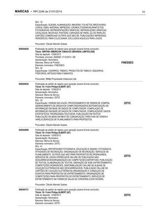 MARCAS - RPI 2246 de 21/01/2014

53

NCL: 16
Especificação: ÁLBUNS; ALMANAQUES; IMAGENS; FOLHETOS; BROCHURAS;
LIVROS; GIBIS; MATERIAL IMPRESSO; CROMOLITOGRAFIAS;PANFLETOS;
FOTOGRAFIAS; REPRESENTAÇÕES GRÁFICAS; REPRODUÇÕES GRÁFICAS;
CATÁLOGOS; REVISTAS; POSTERS; CARTAZES DE PAPEL OU DE PAPELÃO;
CARTÕES COMERCIAIS OUTROS QUE NÃO DE; PUBLICAÇÕES IMPRESSAS;
PERIÓDICOS; PARA COLECIONAR, EXCLUIDOS AQUELES PARA JOGOS.
Procurador: Cláudio Marcelo Szabas
840544626

Publicação de pedido de registro para oposição (exame formal concluído)
Titular: BRITISH AMERICAN TOBACCO (BRANDS) LIMITED [GB]
Data de depósito: 12/06/2013
Prioridade unionista: 2646092 17/12/2012 GB
Apresentação: Nominativa
Natureza: Marca de Produto
Elemento nominativo: FINESSEO
NCL: 34
Especificação: CIGARROS, TABACO, PRODUTOS DE TABACO, ISQUEIROS,
FÓSFOROS, ARTIGOS PARA FUMANTES.

FINESSEO

Procurador: BM&A Propriedade Intelectual Ltda
840544634

Publicação de pedido de registro para oposição (exame formal concluído)
Titular: Dr. Frank Philipp ALBERT [AT]
Data de depósito: 12/06/2013
Apresentação: Nominativa
Natureza: Marca de Serviço
Elemento nominativo: 2STIC
NCL: 35
Especificação: VENDAS EM LEILÃO; PROCESSAMENTO DE ORDEM DE COMPRA;
GERENCIAMENTO DE ARQUIVOS COMPUTADORIZADOS;SISTEMATIZAÇÃO DE
INFORMAÇÃO EM BASE DE DADOS DE COMPUTADOR; COMPILAÇÃO DE
INFORMAÇÃO EM BASE DE DADOS DE COMPUTADOR; COMPILAÇÃODE DADOS
ESTATÍSTICOS; PROPAGANDA TELEVISIVA; PUBLICAÇÃO EM TEXTOS
PUBLICAÇÃO DE BENS EM MEIO DE COMUNICAÇÃO, PARA FINS DE VENDA A
VAREJO;SERVIÇOS DE PLANEJAMENTO PARA PROPÓSITOS

2STIC

Procurador: Cláudio Marcelo Szabas
840544669

Publicação de pedido de registro para oposição (exame formal concluído)
Titular: Dr. Frank Philipp ALBERT [AT]
Data de depósito: 12/06/2013
Apresentação: Nominativa
Natureza: Marca de Serviço
Elemento nominativo: 2STIC
NCL: 41
Especificação: REPORTAGEM FOTOGRAFIA; EDUCAÇÃO E ENSINO; FOTOGRAFIA;
ATIVIDADES DE RECREAÇÃO; ORGANIZAÇÃO DE RECREAÇÃO; SERVIÇOS DE
PLANEJAMENTO, OUTROS QUE NÃO PARA PROPÓSITOS DE PROPAGANDA;
SERVIÇOS DE JOGOS OFERECIDOS ON-LINE DE PUBLICAÇÃO NÃO
DESCARREGÁVEISORGANIZAÇÃO DE COMPETIÇÕES ESPORTIVAS; PUBLICAÇÃO
DE TEXTOS, ELABORAÇÃO DE TEXTOS, GRAVAÇÃO DE SOM; ENTRETENIMENTO;
COMPETIÇÕES WORKSHOPS; DISPONIBILIZAÇÃO ON-LINE DE ÁLBUNS DE
COLEÇÃO ELETRÔNICOS NÃO DESCARREGÁVEIS; PUBLICAÇÃO ON-LINE DE
CARTÕES DE COLEÇÃO ELETRÔNICOS;ORGANIZAÇÃO E CONDUÇÃO DE
EVENTOS PARA PROPÓSITOS DE ENTRETENIMENTO; ORGANIZAÇÃO DE
COMPETIÇÕES PARA PROPÓSITOS DE ENTRETENIMENTO; SERVIÇOS DE
ENTRETENIMENTO NA FORMA DE SALAS DE CONVERSA (CHAT-ROOMS)

2STIC

Procurador: Cláudio Marcelo Szabas
840544731

Publicação de pedido de registro para oposição (exame formal concluído)
Titular: Dr. Frank Philipp ALBERT [AT]
Data de depósito: 12/06/2013
Apresentação: Nominativa
Natureza: Marca de Serviço
Elemento nominativo: 2STIC

2STIC

 