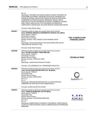 MARCAS - RPI 2246 de 21/01/2014

54

NCL: 38
Especificação: PROVIMENTO DE ACESSO A BASES DE DADOS; PROVIMENTO DE
PLATAFORMAS DE INTERNET, OPERAÇÕES DE SALAS DE CONVERSAS E/OU
FORUMS DE INTERNET; SERVIÇOS DE CONEXÃO DE REDE DE COMPUTADOR;
TRANSMISSÃO ELETRÔNICA DE DADOS, MENSAGENS, IMAGEM, VÍDEOS,
GRÁFICOS E/OU TEXTOS; PROVIMENTO DE ACESSO A INFORMAÇÃO, IMAGENS,
SONS, VÍDEOS, GRÁFICOS E/OU TEXTOS EM REDES ELETRÔNICAS DE
COMPUTADOR E COMUNICAÇÃO, INCLUINDO REDES DE COMUNICAÇÃO MÓVEIS
Procurador: Cláudio Marcelo Szabas
840544871

Publicação de pedido de registro para oposição (exame formal concluído)
Titular: SUPERQUIP SERVIÇOS E EQUIPAMENTOS TÉCNICOS LTDA. [BR/RJ]
Data de depósito: 13/06/2013
Apresentação: Nominativa
Natureza: Marca de Produto
Elemento nominativo: FOSL FLANGED OLIVER STANDARD LENGTH
NCL: 11
Especificação: VÁLVULA DE BLOQUEIO TIPO DUPLA ESFERA PARA USO EM
TUBULAÇÕES DE PETRÓLEO E GÁS.

FOSL FLANGED OLIVER
STANDARD LENGTH

Procurador: Vander Pedra Fernandes
840545568

Publicação de pedido de registro para oposição (exame formal concluído)
Titular: TECHNOLAS PERFECT VISION GMBH [DE]
Data de depósito: 13/06/2013
Apresentação: Nominativa
Natureza: Marca de Produto
Elemento nominativo: TECHNOLAS TENEO
NCL: 10
Especificação: LASERS PARA CIRURGIA OFTÁLMICA.
Procurador: LUIZ LEONARDOS & CIA - PROPRIEDADE INTELECTUAL

840545924

Publicação de pedido de registro para oposição (exame formal concluído)
Titular: CÉU SOLUÇÕES SUSTENTÁVEIS LTDA - ME [BR/RJ]
Data de depósito: 14/06/2013
Apresentação: Mista
Natureza: Marca de Serviço
Elemento nominativo: SUSTENTARTE
CFE: 27.5.1
NCL: 41
Especificação: SERVIÇOS DE ENSINO DE ARTE, CULTURA E SERVIÇOS
COMBINADOS DE ESCRITÓRIO E APOIO ADMINISTRATIVO.
Procurador: ELAINE GOULART DE OLIVEIRA

840546521

Publicação de pedido de registro para oposição (exame formal concluído)
Titular: LIDERANÇA IMOBILIARIA LTDA EPP [BR/RJ]
Data de depósito: 17/06/2013
Apresentação: Mista
Natureza: Marca de Serviço
Elemento nominativo: LID LIDERANÇA IMOBILIARIA
CFE: 27.5.5
NCL: 36
Especificação: ADMINISTRAÇÃO DE IMÓVEIS E CONDOMÍNIOS; CORRETAGEM NO
ALUGUEL DE VENDA DE IMÓVEIS; GESTÃO E ADMINISTRAÇÃO DA PROPRIEDADE
IMOBILIÁRIA.

TECHNOLAS TENEO

 