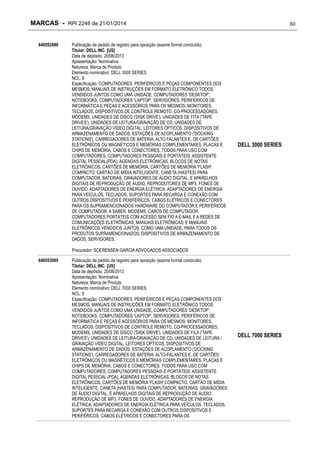 MARCAS - RPI 2246 de 21/01/2014
840552980

Publicação de pedido de registro para oposição (exame formal concluído)
Titular: DELL INC. [US]
Data de depósito: 20/06/2013
Apresentação: Nominativa
Natureza: Marca de Produto
Elemento nominativo: DELL 3000 SERIES
NCL: 9
Especificação: COMPUTADORES, PERIFÉRICOS E PEÇAS COMPONENTES DOS
MESMOS; MANUAIS DE INSTRUÇÕES EM FORMATO ELETRÔNICO TODOS
VENDIDOS JUNTOS COMO UMA UNIDADE; COMPUTADORES 'DESKTOP';
NOTEBOOKS; COMPUTADORES 'LAPTOP', SERVIDORES, PERIFÉRICOS DE
INFORMÁTICA E PEÇAS E ACESSÓRIOS PARA OS MESMOS; MONITORES,
TECLADOS, DISPOSITIVOS DE CONTROLE REMOTO, CO-PROCESSADORES,
MODEMS, UNIDADES DE DISCO ('DISK DRIVE'), UNIDADES DE FITA ('TAPE
DRIVES'), UNIDADES DE LEITURA/GRAVAÇÃO DE CD, UNIDADES DE
LEITURA/GRAVAÇÃO VÍDEO DIGITAL, LEITORES ÓPTICOS, DISPOSITIVOS DE
ARMAZENAMENTO DE DADOS, ESTAÇÕES DE ACOPLAMENTO ('DOCKING
STATIONS'), CARREGADORES DE BATERIA, ALTO FALANTES E, DE CARTÕES
ELETRÔNICOS OU MAGNÉTICOS E MEMÓRIAS COMPLEMENTARES, PLACAS E
CHIPS DE MEMÓRIA, CABOS E CONECTORES, TODOS PARA USO COM
COMPUTADORES, COMPUTADORES PESSOAIS E PORTÁTEIS; ASSISTENTE
DIGITAL PESSOAL(PDA), AGENDAS ELETRÔNICAS, BLOCOS DE NOTAS
ELETRÔNICOS, CARTÕES DE MEMÓRIA, CARTÕES DE MEMÓRIA 'FLASH'
COMPACTO; CARTÃO DE MÍDIA INTELIGENTE, CANETA (HASTES) PARA
COMPUTADOR, BATERIAS, GRAVADORES DE ÁUDIO DIGITAL, E APARELHOS
DIGITAIS DE REPRODUÇÃO DE ÁUDIO, REPRODUTORES DE MP3, FONES DE
OUVIDO, ADAPTADORES DE ENERGIA ELÉTRICA, ADAPTADORES DE ENERGIA
PARA VEÍCULOS, TECLADOS, SUPORTES PARA RECARGA E CONEXÃO COM
OUTROS DISPOSITIVOS E PERIFÉRICOS, CABOS ELÉTRICOS E CONECTORES
PARA OS SUPRAMENCIONADOS HARDWARE DO COMPUTADOR E PERIFÉRICOS
DE COMPUTADOR, A SABER, MODEMS, CABOS DE COMPUTADOR,
COMPUTADORES PORTÁTEIS COM ACESSO SEM FIO A E-MAIL E A REDES DE
COMUNICAÇÕES ELETRÔNICAS; MANUAIS ELETRÔNICAS; E MANUAIS
ELETRÔNICOS VENDIDOS JUNTOS, COMO UMA UNIDADE, PARA TODOS OS
PRODUTOS SUPRAMENCIONADOS; DISPOSITIVOS DE ARMAZENAMENTO DE
DADOS, SERVIDORES.

60

DELL 3000 SERIES

Procurador: SOERENSEN GARCIA ADVOGADOS ASSOCIADOS
840553005

Publicação de pedido de registro para oposição (exame formal concluído)
Titular: DELL INC. [US]
Data de depósito: 20/06/2013
Apresentação: Nominativa
Natureza: Marca de Produto
Elemento nominativo: DELL 7000 SERIES
NCL: 9
Especificação: COMPUTADORES, PERIFÉRICOS E PEÇAS COMPONENTES DOS
MESMOS; MANUAIS DE INSTRUÇÕES EM FORMATO ELETRÔNICO TODOS
VENDIDOS JUNTOS COMO UMA UNIDADE; COMPUTADORES 'DESKTOP';
NOTEBOOKS, COMPUTADORES 'LAPTOP', SERVIDORES, PERIFÉRICOS DE
INFORMÁTICA E PEÇAS E ACESSÓRIOS PARA OS MESMOS; MONITORES,
TECLADOS, DISPOSITIVOS DE CONTROLE REMOTO, CO-PROCESSADORES,
MODEMS, UNIDADES DE DISCO ('DISK DRIVE'), UNIDADES DE FILA ('TAPE
DRIVES'); UNIDADES DE LEITURA/GRAVAÇÃO DE CD, UNIDADES DE LEITURA /
GRAVAÇÃO VÍDEO DIGITAL, LEITORES ÓPTICOS, DISPOSITIVOS DE
ARMAZENAMENTO DE DADOS, ESTAÇÕES DE ACOPLAMENTO ('DOCKING
STATIONS'), CARREGADORES DE BATERIA, ALTO-FALANTES E, DE CARTÕES
ELETRÔNICOS OU MAGNÉTICOS E MEMÓRIAS COMPLEMENTARES, PLACAS E
CHIPS DE MEMÓRIA, CABOS E CONECTORES, TODOS PARA USO COM
COMPUTADORES; COMPUTADORES PESSOAIS E PORTÁTEIS; ASSISTENTE
DIGITAL PESSOAL (PDA), AGENDAS ELETRÔNICAS, BLOCOS DE NOTAS
ELETRÔNICOS, CARTÕES DE MEMÓRIA 'FLASH' COMPACTO, CARTÃO DE MÍDIA
INTELIGENTE, CANETA (HASTES) PARA COMPUTADOR, BATERIAS, GRAVADORES
DE ÁUDIO DIGITAL, E APARELHOS DIGITAIS DE REPRODUÇÃO DE ÁUDIO,
REPRODUÇÃO DE MP3, FONES DE OUVIDO, ADAPTADORES DE ENERGIA
ELÉTRICA, ADAPTADORES DE ENERGIA ELÉTRICA PARA VEÍCULOS, TECLADOS,
SUPORTES PARA RECARGA E CONEXÃO COM OUTROS DISPOSITIVOS E
PERIFÉRICOS, CABOS ELÉTRICOS E CONECTORES PARA OS

DELL 7000 SERIES

 
