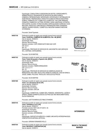 MARCAS - RPI 2246 de 21/01/2014

65

Especificação: CONSULTORIA E ASSESSORIA EM GESTÃO, GERENCIAMENTO,
ADMINISTRAÇÃO E ORGANIZAÇÃO DE NEGÓCIOS NA ÁREA QUÍMICA;
COMERCIO, REPRESENTAÇÃO, IMPORTAÇÃO, EXPORTAÇÃO E DISTRIBUIÇÃO DE
SUBSTÂNCIAS, PREPARAÇÕES E PRODUTOS QUÍMICOS PARA AS INDÚSTRIAS
QUÍMICA, FARMACÊUTICA, COSMÉTICA E ALIMENTÍCIA, TAIS COMO MINERAIS,
CORANTES, PIGMENTOS, GLITTERS, ÉSTERES, CERAS, MANTEIGAS, EXTRATOS.
ESFOLIANTES, GLICÓIS, FILTROS SOLARES, ESPECIALIDADES QUÍMICAS E SUAS
MISTURAS, PRODUTOS, SUBSTÂNCIAS E PREPARAÇÕES PARA LAVANDERIA,
LIMPEZA, HIGIENE PESSOAL, COSMÉTICOS, MEDICINA HUMANA E MEDICINA
VETERINÁRIA.
Procurador: Daniel Figueiredo
840557159

Publicação de pedido de registro para oposição (exame formal concluído)
Titular: CHURCHILL COMÉRCIO DE ALIMENTOS LTDA - ME [BR/SP]
Data de depósito: 25/06/2013
Apresentação: Mista
Natureza: Marca de Serviço
Elemento nominativo: CAFÉ CREME MUITO MAIS QUE CAFÉ
CFE: 26.4.4
NCL: 43
Especificação: PRESTAÇÃO DE SERVIÇOS DE LANCHONETES, BAR (SERVIÇOS
DE-), CANTINAS, CAFÉS [BARES].
Procurador: SILVIA MARTINS

840557183

Publicação de pedido de registro para oposição (exame formal concluído)
Titular: Fabdre Brinquedos e Papelaria Ltda. [BR/SP]
Data de depósito: 25/06/2013
Apresentação: Mista
Natureza: Marca de Serviço
Elemento nominativo: FABDRE BRINQUEDOS
CFE: 2.5.2 e 2.7.11
NCL: 35
Especificação: PRESTAÇÃO DE SERVIÇOS NA COMERCIALIZAÇÃO DE
BRINQUEDOS TAIS COMO: BICICLETAS, BONECOS, BONECAS, CASA DE BONECA,
JOGOS, GAMES, PELÚCIAS, TRICICLOS E VEÍCULOS ELÉTRICOS.
Procurador: SILVIA MARTINS

840557400

Publicação de pedido de registro para oposição (exame formal concluído)
Titular: Les Laboratoires Servier [FR]
Data de depósito: 25/06/2013
Apresentação: Nominativa
Natureza: Marca de Produto
Elemento nominativo: DAFLON
NCL: 3
Especificação: COSMÉTICOS, A SABER GÉIS, POMADAS, HIDRATANTES, LOÇÕES E
SPRAYS; CREMES DERMATOLÓGICOS (OUTROS QUE NÃO MEDICAMENTOSOS);
ÓLEOS ESSENCIAIS.

DAFLON

Procurador: LAETITIA MARIA ALICE PABLO D'HANENS
840557418

Publicação de pedido de registro para oposição (exame formal concluído)
Titular: LDR Medical, S.A.S. [FR]
Data de depósito: 25/06/2013
Prioridade unionista: 85/811,003 27/12/2012 US
Apresentação: Nominativa
Natureza: Marca de Produto
Elemento nominativo: INTERBRIDGE
NCL: 10
Especificação: DISPOSITIVOS MÉDICOS, A SABER, IMPLANTES INTERESPINHOSOS
COMPOSTOS DE MATERIAL ARTIFICIAL.

INTERBRIDGE

Procurador: ADRIANA FERNANDES ROLLO
840557434

Publicação de pedido de registro para oposição (exame formal concluído)
Titular: MICROSOFT CORPORATION [US]
Data de depósito: 25/06/2013

MAGIC & THE MAGIC
MARKER

 