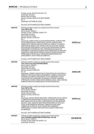 MARCAS - RPI 2246 de 21/01/2014

66

Prioridade unionista: 85/810,507 26/12/2012 US
Apresentação: Nominativa
Natureza: Marca de Produto
Elemento nominativo: MAGIC & THE MAGIC MARKER
NCL: 9
Especificação: SOFTWARE DE JOGOS.
Procurador: LAETITIA MARIA ALICE PABLO D'HANENS
840557442

Publicação de pedido de registro para oposição (exame formal concluído)
Titular: MOTUL [FR]
Data de depósito: 25/06/2013
Prioridade unionista: 13/4004320 13/05/2013 FR
Apresentação: Nominativa
Natureza: Marca de Produto
Elemento nominativo: ESTER Core
NCL: 1
Especificação: QUÍMICOS PARA LÍQUIDOS REFRIGERADORES, QUÍMICOS PARA
USO NA COMPOSIÇÃO DE LUBRIFICANTES; ADITIVOS, QUÍMICOS, PARA
COMBUSTÍVEIS; QUÍMICOS USADOS NA INDÚSTRIA, CIÊNCIA E FOTOGRAFIA,
ASSIM COMO NA AGRICULTURA, HORTICULTURA E SILVICULTURA; RESINAS
ARTIFICIAIS NÃO PROCESSADAS, PLÁSTICOS NÃO PROCESSADOS; ADUBOS;
COMPOSIÇÕES EXTINTORAS DE FOGO; PREPARAÇÕES DE SOLDA E DE
REVENIMENTO; SUBSTÂNCIAS QUÍMICAS PARA CONSERVAÇÃO DE PRODUTOS
ALIMENTÍCIOS, SUBSTÂNCIAS TANANTES; ADESIVOS USADOS NA INDÚSTRIA;
PREPARAÇÕES À PROVA D'ÁGUA; PREPARAÇÕES REMOVEDORAS ANTI
CONGELAMENTO, EXCETO PARA USO DOMÉSTICO.

ESTER Core

Procurador: LAETITIA MARIA ALICE PABLO D'HANENS
840557469

840557485

Publicação de pedido de registro para oposição (exame formal concluído)
Titular: Edna Ferreira Vale 07635416804 [BR/SP]
Data de depósito: 25/06/2013
Apresentação: Nominativa
Natureza: Marca de Serviço
Elemento nominativo: DIVINA COR
NCL: 35
Especificação: COMÉRCIO VAREJISTA DE OUTROS ARTIGOS DE USO PESSOAL E
DOMÉSTICO NÃO ESPECIFICADO ANTERIORMENTE; COMÉRCIO VAREJISTA DE
SUVENIRES, BIJUTERIAS E ARTESANATOS; LOJA DE VARIEDADES, EXCETO
LOJAS DE DEPTOS OU MAGAZINES; DECORAÇÃO, LAPIDAÇÃO, GRAVAÇÃO,
VITRIFICAÇÃO E OUTROS TRABALHOS EM CERÂMICA (LOUÇA, VIDRO, CRISTAIS);
COMÉRCIO VAREJISTA DE BRINQUEDOS E ARTIGOS RECREATIVOS.
Publicação de pedido de registro para oposição (exame formal concluído)
Titular: MOTUL [FR]
Data de depósito: 25/06/2013
Apresentação: Nominativa
Natureza: Marca de Produto
Elemento nominativo: ESTER Core
NCL: 4
Especificação: ÓLEOS E GRAXAS INDUSTRIAIS; LUBRIFICANTES; ÓLEOS, GRAXAS
E LUBRIFICANTES PARA MOTORES DE VEÍCULOS; ADITIVOS, NÃO QUÍMICOS,
PARA COMBUSTÍVEIS DE MOTORES; COMPOSIÇÕES EM PÓ PARA ABSORVER,
MOLHAR E LIGAR, USADAS NA MANUTENÇÃO DE MOTORES DE VEÍCULOS E
TODOS OS MECANISMOS DE MÁQUINAS; COMBUSTÍVEIS (INCLUINDO
COMBUSTÍVEL DE MOTOR) E VELAS E PAVIOS PARA ILUMINAÇÃO;
COMPOSIÇÕES UTILIZADAS COMO AGENTES DE LIGAÇÃO E AGENTES DE
AGLOMERAÇÃO.

DIVINA COR

ESTER Core

Procurador: LAETITIA MARIA ALICE PABLO D'HANENS
840557507

Publicação de pedido de registro para oposição (exame formal concluído)
Titular: BUCKMAN LABORATORIES INTERNATIONAL, INC [US]
Data de depósito: 25/06/2013
Prioridade unionista: 85/936,195 19/05/2013 US
Apresentação: Nominativa

EZE MONITOR

 