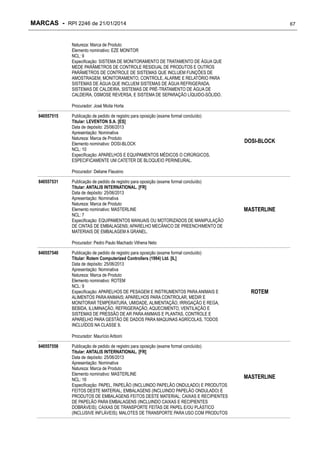 MARCAS - RPI 2246 de 21/01/2014

67

Natureza: Marca de Produto
Elemento nominativo: EZE MONITOR
NCL: 9
Especificação: SISTEMA DE MONITORAMENTO DE TRATAMENTO DE ÁGUA QUE
MEDE PARÂMETROS DE CONTROLE RESIDUAL DE PRODUTOS E OUTROS
PARÂMETROS DE CONTROLE DE SISTEMAS QUE INCLUEM FUNÇÕES DE
AMOSTRAGEM, MONITORAMENTO, CONTROLE, ALARME E RELATÓRIO PARA
SISTEMAS DE ÁGUA QUE INCLUEM SISTEMAS DE ÁGUA REFRIGERADA,
SISTEMAS DE CALDEIRA, SISTEMAS DE PRÉ-TRATAMENTO DE ÁGUA DE
CALDEIRA, OSMOSE REVERSA, E SISTEMA DE SEPARAÇÃO LÍQUIDO-SÓLIDO.
Procurador: José Moita Horta
840557515

Publicação de pedido de registro para oposição (exame formal concluído)
Titular: LEVENTON S.A. [ES]
Data de depósito: 25/06/2013
Apresentação: Nominativa
Natureza: Marca de Produto
Elemento nominativo: DOSI-BLOCK
NCL: 10
Especificação: APARELHOS E EQUIPAMENTOS MÉDICOS O CIRÚRGICOS,
ESPECIFICAMENTE UM CATETER DE BLOQUEIO PERINEURAL.

DOSI-BLOCK

Procurador: Deliane Flausino
840557531

Publicação de pedido de registro para oposição (exame formal concluído)
Titular: ANTALIS INTERNATIONAL. [FR]
Data de depósito: 25/06/2013
Apresentação: Nominativa
Natureza: Marca de Produto
Elemento nominativo: MASTERLINE
NCL: 7
Especificação: EQUIPAMENTOS MANUAIS OU MOTORIZADOS DE MANIPULAÇÃO
DE CINTAS DE EMBALAGENS; APARELHO MECÂNICO DE PREENCHIMENTO DE
MATERIAIS DE EMBALAGEM A GRANEL.

MASTERLINE

Procurador: Pedro Paulo Machado Vilhena Neto
840557540

Publicação de pedido de registro para oposição (exame formal concluído)
Titular: Rotem Computerized Controllers (1994) Ltd. [IL]
Data de depósito: 25/06/2013
Apresentação: Nominativa
Natureza: Marca de Produto
Elemento nominativo: ROTEM
NCL: 9
Especificação: APARELHOS DE PESAGEM E INSTRUMENTOS PARA ANIMAIS E
ALIMENTOS PARA ANIMAIS; APARELHOS PARA CONTROLAR, MEDIR E
MONITORAR TEMPERATURA, UMIDADE, ALIMENTAÇÃO, IRRIGAÇÃO E REGA,
BEBIDA, ILUMINAÇÃO, REFRIGERAÇÃO, AQUECIMENTO, VENTILAÇÃO E
SISTEMAS DE PRESSÃO DE AR PARA ANIMAIS E PLANTAS, CONTROLE E
APARELHO PARA GESTÃO DE DADOS PARA MAQUINAS AGRÍCOLAS, TODOS
INCLUÍDOS NA CLASSE 9.

ROTEM

Procurador: Maurício Ariboni
840557558

Publicação de pedido de registro para oposição (exame formal concluído)
Titular: ANTALIS INTERNATIONAL. [FR]
Data de depósito: 25/06/2013
Apresentação: Nominativa
Natureza: Marca de Produto
Elemento nominativo: MASTERLINE
NCL: 16
Especificação: PAPEL, PAPELÃO (INCLUINDO PAPELÃO ONDULADO) E PRODUTOS
FEITOS DESTE MATERIAL; EMBALAGENS (INCLUINDO PAPELÃO ONDULADO) E
PRODUTOS DE EMBALAGENS FEITOS DESTE MATERIAL; CAIXAS E RECIPIENTES
DE PAPELÃO PARA EMBALAGENS (INCLUINDO CAIXAS E RECIPIENTES
DOBRÁVEIS); CAIXAS DE TRANSPORTE FEITAS DE PAPEL E/OU PLÁSTICO
(INCLUSIVE INFLÁVEIS); MALOTES DE TRANSPORTE PARA USO COM PRODUTOS

MASTERLINE

 