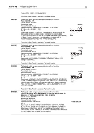 MARCAS - RPI 2246 de 21/01/2014

69

PUBLICITÁRIA, EXCETO PARA EMBALAGEM.
Procurador: Di Blasi, Parente & Associados Propriedade Industrial
840557965

Publicação de pedido de registro para oposição (exame formal concluído)
Titular: ROWA S.A. [AR]
Data de depósito: 25/06/2013
Apresentação: Mista
Natureza: Marca de Produto
Elemento nominativo: BOMBAS ROWA TOTALMENTE SILENCIOSAS
CFE: 25.1.9, 25.1.13, 26.3.12 e 27.5.1
NCL: 7
Especificação: BOMBASCENTRÍFUGAS, EQUIPAMENTOS DE PRESSURIZAÇÃO;
BOMBAS DE HIDROMASSAGEM; BOMBAS SUBMERSÍVEIS E BOMBAS DE
QUALQUER TIPO PARA ÁGUA LIMPA OU NÃO LIMPA, CONTROLADORES DE NÍVEL
DE ÁGUA, CONTROLADORES DE PRESSÃO, VÁLVULAS DE PRESSÃO E
REGULADORES DE PRESSÃO (COMO PARTES DE MÁQUINAS).
Procurador: Di Blasi, Parente & Associados Propriedade Industrial

840557973

Publicação de pedido de registro para oposição (exame formal concluído)
Titular: ROWA S.A. [AR]
Data de depósito: 25/06/2013
Apresentação: Mista
Natureza: Marca de Produto
Elemento nominativo: BOMBAS ROWA TOTALMENTE SILENCIOSAS
CFE: 25.1.9, 25.1.13, 26.3.12 e 27.5.1
NCL: 9
Especificação: APARELHOS ELÉTRICOS E ELETRÔNICOS, APARELHO PARA
MEDIÇÃO E CONTROLE.
Procurador: Di Blasi, Parente & Associados Propriedade Industrial

840557990

Publicação de pedido de registro para oposição (exame formal concluído)
Titular: ROWA S.A. [AR]
Data de depósito: 25/06/2013
Apresentação: Mista
Natureza: Marca de Produto
Elemento nominativo: BOMBAS ROWA TOTALMENTE SILENCIOSAS
CFE: 25.1.9, 25.1.13, 26.3.12 e 27.5.1
NCL: 11
Especificação: MÁQUINAS E EQUIPAMENTOS PARA AQUECIMENTO, GERAÇÃO DE
VAPOR, COZIMENTO, REFRIGERAÇÃO, SECAGEM, VENTILAÇÃO E DISPOSITIVOS
PARA DISTRIBUIÇÃO DE ÁGUA, INSTALAÇÕES SANITÁRIAS, AQUECEDORES DE
ÁGUA SOLARES, AQUECEDORES DE ÁGUA A GÁS OU AQUECEDORES DE ÁGUA
DE QUALQUER TIPO.
Procurador: Di Blasi, Parente & Associados Propriedade Industrial

840558287

Publicação de pedido de registro para oposição (exame formal concluído)
Titular: CONTROL GIP INDUSTRIA IMPORTACAO EXPORTACAO DISTRIBUICAO
COMERCIO E PRESTACAO DE SERVICOS LTDA - ME [BR/RJ]
Data de depósito: 26/06/2013
Apresentação: Nominativa
Natureza: Marca de Produto
Elemento nominativo: CONTROLGIP
NCL: 11
Especificação: 27.10-4-03 - FABRICAÇÃO DE MOTORES ELÉTRICOS, PEÇAS E
ACESSÓRIOS 77.39-0-99 - ALUGUEL DE OUTRAS MÁQUINAS E EQUIPAMENTOS
COMERCIAIS E INDUSTRIAIS NÃO ESPECIFICADOS ANTERIORMENTE, SEM
OPERADOR 27.90-2-99 - FABRICAÇÃO DE OUTROS EQUIPAMENTOS E PARELHOS
ELÉTRICOS NÃO ESPECIFICADOS ANTERIORMENTE

CONTROLGIP

 