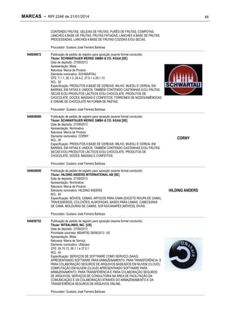 MARCAS - RPI 2246 de 21/01/2014

88

CONTENDO FRUTAS, GELEIAS DE FRUTAS, PURÊS DE FRUTAS, COMPOTAS,
LANCHES A BASE DE FRUTAS, FRUTAS FATIADAS, LANCHES A BASE DE FRUTAS
PROCESSADAS, LANCHES A BASE DE FRUTAS COZIDAS E/OU SECAS.
Procurador: Gustavo José Ferreira Barbosa
840658672

Publicação de pedido de registro para oposição (exame formal concluído)
Titular: SCHWARTAUER WERKE GMBH & CO. KGAA [DE]
Data de depósito: 27/09/2013
Apresentação: Mista
Natureza: Marca de Produto
Elemento nominativo: SCHWARTAU
CFE: 7.1.1, 26.1.3, 26.4.2, 27.5.1 e 29.1.13
NCL: 30
Especificação: PRODUTOS A BASE DE CEREAIS; MILHO, MUESLI E CEREAL EM
BARRAS, EM FATIAS E UNIDOS, TAMBÉM CONTENDO CASTANHAS E/OU FRUTAS
SECAS E/OU PRODUTOS LÁCTEOS E/OU CHOCOLATE; PRODUTOS DE
CHOCOLATE; DOCES; MASSAS E CONFEITOS; TORRONES DE NOZES/AMÊNDOAS
E CREME DE CHOCOLATE NA FORMA DE PASTAS.
Procurador: Gustavo José Ferreira Barbosa

840658680

Publicação de pedido de registro para oposição (exame formal concluído)
Titular: SCHWARTAUER WERKE GMBH & CO. KGAA [DE]
Data de depósito: 27/09/2013
Apresentação: Nominativa
Natureza: Marca de Produto
Elemento nominativo: CORNY
NCL: 30
Especificação: PRODUTOS A BASE DE CEREAIS; MILHO, MUESLI E CEREAL EM
BARRAS, EM FATIAS E UNIDOS, TAMBÉM CONTENDO CASTANHAS E/OU FRUTAS
SECAS E/OU PRODUTOS LÁCTEOS E/OU CHOCOLATE; PRODUTOS DE
CHOCOLATE; DOCES; MASSAS E CONFEITOS.

CORNY

Procurador: Gustavo José Ferreira Barbosa
840658699

Publicação de pedido de registro para oposição (exame formal concluído)
Titular: HILDING ANDERS INTERNATIONAL AB [SE]
Data de depósito: 27/09/2013
Apresentação: Nominativa
Natureza: Marca de Produto
Elemento nominativo: HILDING ANDERS
NCL: 20
Especificação: MÓVEIS, CAMAS, ARTIGOS PARA CAMA (EXCETO ROUPA DE CAMA),
TRAVESSEIROS, COLCHÕES, ALMOFADAS, BASES PARA CAMAS, CABECEIRAS
DE CAMA, MOLDURAS DE CAMAS, SOFÁS/CANAPÉS [MÓVEIS], DIVÃS.
Procurador: Gustavo José Ferreira Barbosa

840658702

Publicação de pedido de registro para oposição (exame formal concluído)
Titular: INTRALINKS, INC. [US]
Data de depósito: 27/09/2013
Prioridade unionista: 86049792 28/08/2013 US
Apresentação: Mista
Natureza: Marca de Serviço
Elemento nominativo: UNshare
CFE: 24.15.13, 26.1.1 e 27.5.1
NCL: 42
Especificação: SERVIÇOS DE SOFTWARE COMO SERVIÇO (SAAS)
APRESENTANDO SOFTWARE PARA ARMAZENAMENTO, PARA TRANSFERÊNCIA, E
PARA COLABORAÇÃO SEGUROS DE ARQUIVOS BASEADOS EM NUVEM (CLOUD);
COMPUTAÇÃO EM NUVEM (CLOUD) APRESENTANDO SOFTWARE PARA
ARMAZENAMENTO, PARA TRANSFERÊNCIA E PARA COLABORAÇÃO SEGUROS
DE ARQUIVOS; SERVIÇOS DE CONSULTORIA NA ÁREA DE FACILITAÇÃO DA
COMUNICAÇÃO E DA COLABORAÇÃO ATRAVÉS DO ARMAZENAMENTO E DA
TRANSFERÊNCIA SEGUROS DE ARQUIVOS ONLINE.
Procurador: Gustavo José Ferreira Barbosa

HILDING ANDERS

 