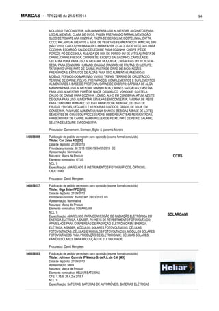 MARCAS - RPI 2246 de 21/01/2014

94

MOLUSCO EM CONSERVA; ALBUMINA PARA USO ALIMENTAR; ALGINATOS PARA
USO ALIMENTAR; CLARA DE OVOS; PÓLEN PREPARADO PARA ALIMENTAÇÃO;
SUCO DE TOMATE ARA COZINHA; PASTA DE GERGELIM; COSTELINHA; CAFTA;
COCO RALADO; ALIMENTOS À BASE DE VEGETAIS FERMENTADOS [KIMICHI]; SIRI
[NÃO VIVO]; CALDO (PREPARAÇÕES PARA FAZER -);CALDOS DE VEGETAIS PARA
COZINHA; ESCARGÔ; CALDO DE LEGUME PARA COZINHA; CHISPE [PÉ DE
PORCO]; PÓ DE CEBOLA; RABADA [DE BOI, DE PORCO OU DE VITELA]; PASTA DE
CARNE; CARNE FRESCA; CROQUETE, EXCETO SALGADINHO; CÁPSULA DE
GELATINA PURA PARA USO ALIMENTAR; MOQUECA; CRISÁLIDAS DO BICHO-DASEDA, PARA CONSUMO HUMANO; CASCAS [RASPAS] DE FRUTAS; CHUCRUTE;
TATUÍ [NÃO VIVO]; PATÊ DE CARNE; PASTA DE GRÃO-DE-BICO; NOZES
PREPARADAS; EXTRATOS DE ALGAS PARA USO ALIMENTAR; AMÊNDOAS
MOÍDAS; PEPINOS-DO-MAR [NÃO VIVOS]; TRIPAS; TERRINE DE CRUSTÁCEO;
TERRINE DE CARNE; POLVO; PREPARADOS, COMPLEMENTOS E SUPLEMENTOS
ALIMENTARES À BASE DE PROTEÍNA; CARNE DE CABRITO; CÁPSULA DE ALGA
MARINHA PARA USO ALIMENTAR; MARMELADA; CARNES SALGADAS; CASEÍNA
PARA USO ALIMENTAR; PURÊ DE MAÇÃ; OSSOBUCO; VÔNGOLE; COSTELA;
CALDO DE CARNE PARA COZINHA; LOMBO; ALHO EM CONSERVA; ATUM; AZEITE
DE OLIVA PARA USO ALIMENTAR; ERVILHAS EM CONSERVA; FARINHA DE PEIXE
PARA CONSUMO HUMANO; GELEIAS PARA USO ALIMENTAR; GELEIAS DE
FRUTAS; FRUTAS, LEGUMES E VERDURAS COZIDOS; GRÃOS DE SOJA, EM
CONSERVA, PARA USO ALIMENTAR; MILK SHAKES [BEBIDAS À BASE DE LEITE];
SEMENTES DE GIRASSOL PROCESSADAS; BEBIDAS LÁCTEAS FERMENTADAS;
HAMBÚRGUER DE CARNE; HAMBÚRGUER DE PEIXE; PATÊ DE PEIXE; SALAME;
SELETA DE LEGUME EM CONSERVA.
Procurador: Dannemann, Siemsen, Bigler & Ipanema Moreira
840658869

Publicação de pedido de registro para oposição (exame formal concluído)
Titular: Carl Zeiss AG [DE]
Data de depósito: 27/09/2013
Prioridade unionista: 30 2013 0304519 04/05/2013 DE
Apresentação: Nominativa
Natureza: Marca de Produto
Elemento nominativo: OTUS
NCL: 9
Especificação: APARELHOS E INSTRUMENTOS FOTOGRÁFICOS, ÓPTICOS;
OBJETIVAS.

OTUS

Procurador: David Merrylees
840658877

Publicação de pedido de registro para oposição (exame formal concluído)
Titular: Giga Solar FPC [US]
Data de depósito: 27/09/2013
Prioridade unionista: 85/890,905 29/03/2013 US
Apresentação: Nominativa
Natureza: Marca de Produto
Elemento nominativo: SOLARGAMI
NCL: 9
Especificação: APARELHOS PARA CONVERSÃO DE RADIAÇÃO ELETRÔNICA EM
ENERGIA ELÉTRICA, A SABER, PA1NE1S DE REVESTIMENTO FOTOVOLTAICO;
APARELHOS PARA CONVERSÃO DE RADIAÇÃO ELETRÔNICA EM ENERGIA
ELÉTRICA, A SABER, MÓDULOS SOLARES FOTOVOLTAICOS; CÉLULAS
FOTOVOLTAICAS; CÉLULAS E MÓDULOS FOTOVOLTAICOS; MÓDULOS SOLARES
FOTOVOLTAICOS PARA PRODUÇÃO DE ELETRICIDADE; CÉLULAS SOLARES;
PAINÉIS SOLARES PARA PRODUÇÃO DE ELETRICIDADE.
Procurador: David Merrylees

840658885

Publicação de pedido de registro para oposição (exame formal concluído)
Titular: Johnson Controls IP Mexico S. de R.L. de C.V. [MX]
Data de depósito: 27/09/2013
Apresentação: Mista
Natureza: Marca de Produto
Elemento nominativo: HELIAR BATERIAS
CFE: 1.15.9, 26.4.2 e 27.5.1
NCL: 9
Especificação: BATERIAS, BATERIAS DE AUTOMÓVEIS, BATERIAS ELÉTRICAS

SOLARGAMI

 