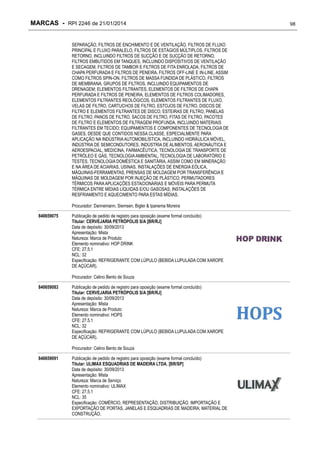 MARCAS - RPI 2246 de 21/01/2014
SEPARAÇÃO, FILTROS DE ENCHIMENTO E DE VENTILAÇÃO, FILTROS DE FLUXO
PRINCIPAL E FLUXO PARALELO, FILTROS DE ESTÁGIOS MÚLTIPLOS, FILTROS DE
RETORNO, INCLUINDO FILTROS DE SUCÇÃO E DE SUCÇÃO DE RETORNO,
FILTROS EMBUTIDOS EM TANQUES, INCLUINDO DISPOSITIVOS DE VENTILAÇÃO
E SECAGEM, FILTROS DE TAMBOR E FILTROS DE FITA ENROLADA, FILTROS DE
CHAPA PERFURADA E FILTROS DE PENEIRA, FILTROS OFF-LINE E IN-LINE, ASSIM
COMO FILTROS SPIN-ON, FILTROS DE MASSA FUNDIDA DE PLÁSTICO, FILTROS
DE MEMBRANA, GRUPOS DE FILTROS, INCLUINDO EQUIPAMENTOS DE
DRENAGEM; ELEMENTOS FILTRANTES, ELEMENTOS DE FILTROS DE CHAPA
PERFURADA E FILTROS DE PENEIRA, ELEMENTOS DE FILTROS COLIMADORES,
ELEMENTOS FILTRANTES REOLÓGICOS, ELEMENTOS FILTRANTES DE FLUXO,
VELAS DE FILTRO, CARTUCHOS DE FILTRO, ESTOJOS DE FILTRO, DISCOS DE
FILTRO E ELEMENTOS FILTRANTES DE DISCO, ESTEIRAS DE FILTRO, PANELAS
DE FILTRO, PANOS DE FILTRO, SACOS DE FILTRO, FITAS DE FILTRO, PACOTES
DE FILTRO E ELEMENTOS DE FILTRAGEM PROFUNDA, INCLUINDO MATERIAIS
FILTRANTES EM TECIDO; EQUIPAMENTOS E COMPONENTES DE TECNOLOGIA DE
GASES, DESDE QUE CONTIDOS NESSA CLASSE, ESPECIALMENTE PARA
APLICAÇÃO NA INDÚSTRIA AUTOMOBILÍSTICA, INCLUINDO HIDRÁULICA MÓVEL,
INDÚSTRIA DE SEMICONDUTORES, INDÚSTRIA DE ALIMENTOS, AERONÁUTICA E
AEROESPACIAL, MEDICINA, FARMACÊUTICA, TECNOLOGIA DE TRANSPORTE DE
PETRÓLEO E GÁS, TECNOLOGIA AMBIENTAL, TECNOLOGIA DE LABORATÓRIO E
TESTES, TECNOLOGIA DOMÉSTICA E SANITÁRIA, ASSIM COMO EM MINERAÇÃO
E NA ÁREA DE ACIARIAS, USINAS, INSTALAÇÕES DE ENERGIA EÓLICA,
MÁQUINAS-FERRAMENTAS, PRENSAS DE MOLDAGEM POR TRANSFERÊNCIA E
MÁQUINAS DE MOLDAGEM POR INJEÇÃO DE PLÁSTICO; PERMUTADORES
TÉRMICOS PARA APLICAÇÕES ESTACIONÁRIAS E MÓVEIS PARA PERMUTA
TÉRMICA ENTRE MÍDIAS LÍQUIDAS E/OU GASOSAS; INSTALAÇÕES DE
RESFRIAMENTO E AQUECIMENTO PARA ESTAS MÍDIAS.
Procurador: Dannemann, Siemsen, Bigler & Ipanema Moreira
840659075

Publicação de pedido de registro para oposição (exame formal concluído)
Titular: CERVEJARIA PETRÓPOLIS S/A [BR/RJ]
Data de depósito: 30/09/2013
Apresentação: Mista
Natureza: Marca de Produto
Elemento nominativo: HOP DRINK
CFE: 27.5.1
NCL: 32
Especificação: REFRIGERANTE COM LÚPULO (BEBIDA LUPULADA COM XAROPE
DE AÇÚCAR).
Procurador: Celino Bento de Souza

840659083

Publicação de pedido de registro para oposição (exame formal concluído)
Titular: CERVEJARIA PETRÓPOLIS S/A [BR/RJ]
Data de depósito: 30/09/2013
Apresentação: Mista
Natureza: Marca de Produto
Elemento nominativo: HOPS
CFE: 27.5.1
NCL: 32
Especificação: REFRIGERANTE COM LÚPULO (BEBIDA LUPULADA COM XAROPE
DE AÇÚCAR).
Procurador: Celino Bento de Souza

840659091

Publicação de pedido de registro para oposição (exame formal concluído)
Titular: ULIMAX ESQUADRIAS DE MADEIRA LTDA. [BR/SP]
Data de depósito: 30/09/2013
Apresentação: Mista
Natureza: Marca de Serviço
Elemento nominativo: ULIMAX
CFE: 27.5.1
NCL: 35
Especificação: COMÉRCIO, REPRESENTAÇÃO, DISTRIBUIÇÃO, IMPORTAÇÃO E
EXPORTAÇÃO DE PORTAS, JANELAS E ESQUADRIAS DE MADEIRA; MATERIAL DE
CONSTRUÇÃO.

98

 