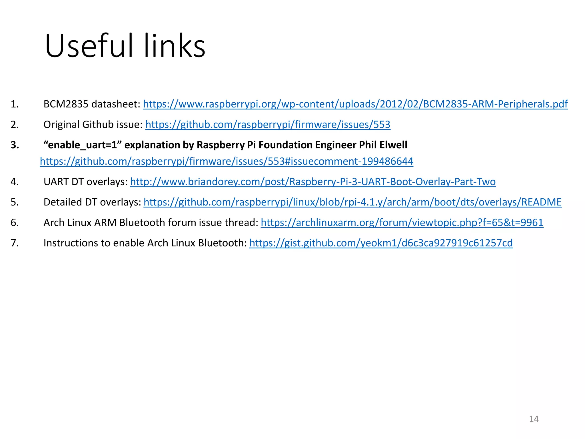 Arch Linux Bluetooth’s issues
• Raspbian uses “pi-bluetooth” to provide Bluetooth features
• “pi-bluetooth” has not been ported to Arch Linux
• Someone has posted a temporary package to AUR
• https://archlinuxarm.org/forum/viewtopic.php?f=67&t=10017s
• https://aur.archlinux.org/packages/pi-bluetooth/
• My setup instructions using that package
• https://gist.github.com/yeokm1/d6c3ca927919c61257cd
14
 