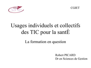 Usages individuels et collectifs des TIC pour la santé La formation en question Robert PICARD Dr en Sciences de Gestion CGIET 