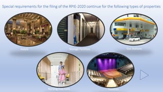 Special requirements for the filing of the RPIE-2020 continue for the following types of properties
Hotels Storage Facilities Gas Stations
Nursing/Day Care Theatres
 