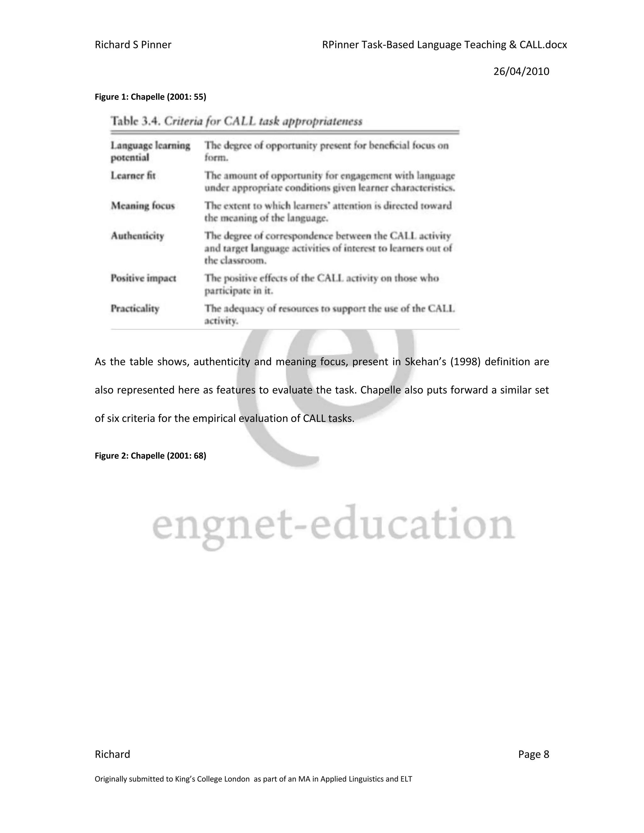 Richard S Pinner                                                  RPinner Task-Based Language Teaching & CALL.docx

                                                                                                   26/04/2010

Figure 1: Chapelle (2001: 55)




As the table shows, authenticity and meaning focus, present in Skehan’s (1998) definition are

also represented here as features to evaluate the task. Chapelle also puts forward a similar set

of six criteria for the empirical evaluation of CALL tasks.


Figure 2: Chapelle (2001: 68)




Richard                                                                                                 Page 8

Originally submitted to King’s College London as part of an MA in Applied Linguistics and ELT
 