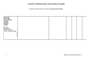 Lovely Professional University,Punjab

                                  Format For Instruction Plan [for Courses with Lectures and Tutorials




Course No
Cours Title
Course Planner
Lectures
Tutorial
Practical
Credits

MGT516
RESEARCH
METHODOLOGY
13709 :: Pratish Srivastav
                             4
                             2
                             0
                             5




   1                                                                                                     Approved for Spring Session 2010-11
 