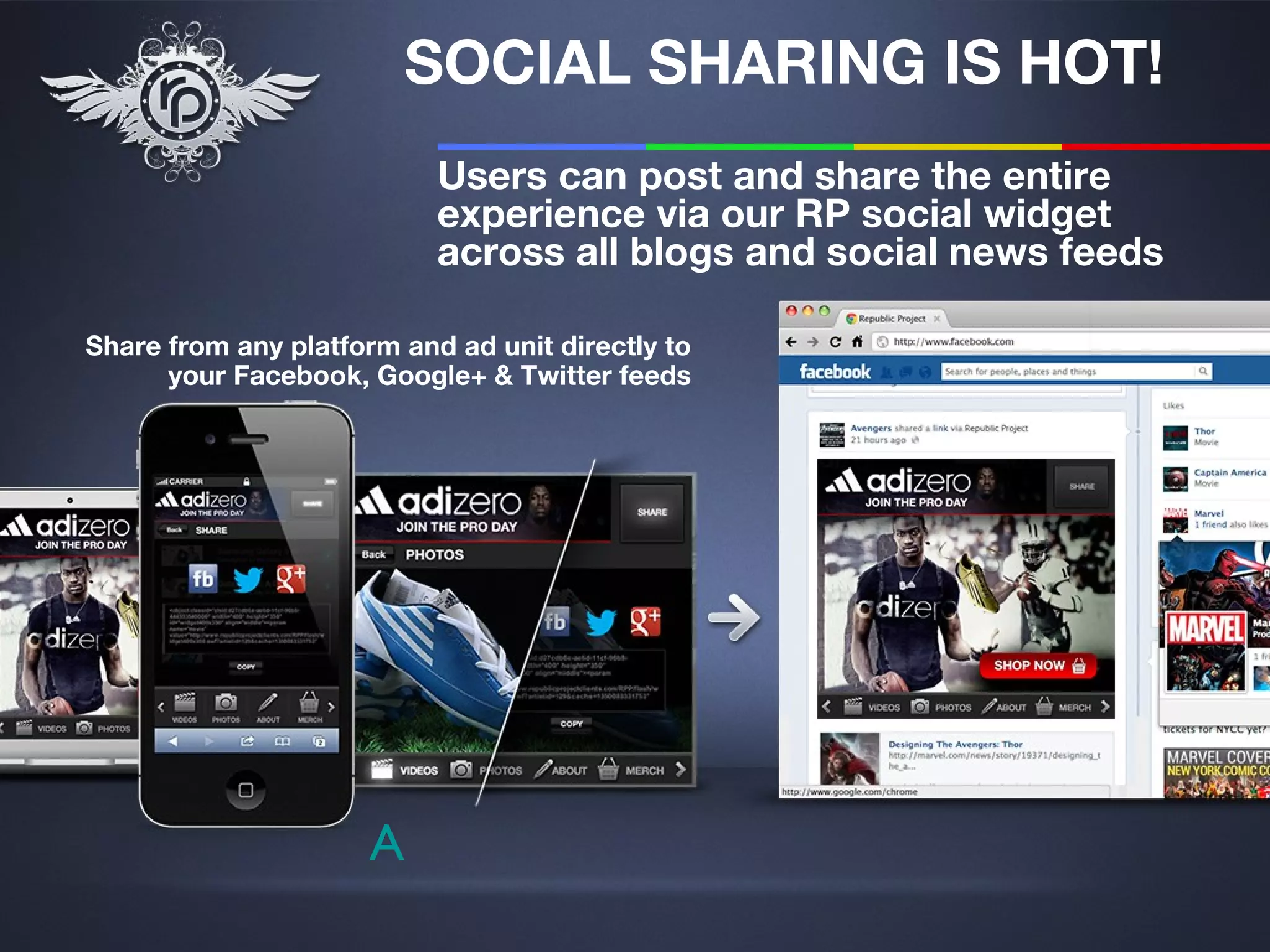 SOCIAL SHARING IS HOT!
                           Users can post and share the entire
                           experience via our RP social widget
                           across all blogs and social news feeds

Share from any platform and ad unit directly to
      your Facebook, Google+ & Twitter feeds




                      A
 