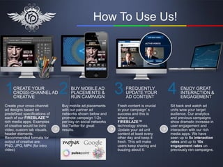How To Use Us!




1    CREATE YOUR
     CROSS-CHANNEL AD
     CREATIVE
                               2    BUY MOBILE AD
                                    PLACEMENTS &
                                    RUN CAMPAIGN
                                                            3    FREQUENTLY
                                                                 UPDATE YOUR
                                                                 AD CONTENT
                                                                                       4    ENJOY GREAT
                                                                                            INTERACTION &
                                                                                            ENGAGEMENT

Create your cross-channel      Buy mobile ad placements     Fresh content is crucial   Sit back and watch ad
ad designs based on            with our partner ad          to your campaign’s         units wow your target
predefined specifications of   networks shown below and     success and this is        audience. Our analytics
each of our FIREBLAZE™         promote campaign 1-2x        where our                  and previous campaigns
rich media apps. Examples      per day on social networks   FIREBLAZE™                 show dramatic increase in
of creative would be intro     like Twitter for great       technology shines.         user engagement and
video, custom tab visuals,     results.                     Update your ad unit        interaction with our rich
header elements.                                            content at least every     media apps. We have
Recommended formats for                                     other day and keep it      seen up to 5x interaction
output of creative are:                                     fresh. This will make      rates and up to 10x
PNG, JPG, MP4 (for intro                                    users keep sharing and     engagement rates on
video)                                                      buzzing about it.          previously ran campaigns.
 