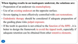 69
When tipping results in an inadequate undercut, the solutions are:
• Preparation of an undercut via enameloplasty.
• Use of an existing undercut on the opposite surface.
• Severe tipping is most effectively controlled with cast restorations.
• Endodontic therapy should be considered if adequate preparation of
the guiding plane risks pulpal exposure.
• If the tooth in question is not critical to the function of the RPD , it is
better to design the framework to avoid the tipped tooth, especially if
adequate retention can be obtained from other retentive elements.
 
