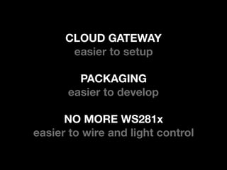 CLOUD GATEWAY
easier to setup
PACKAGING
easier to develop
NO MORE WS281x
easier to wire and light control
 