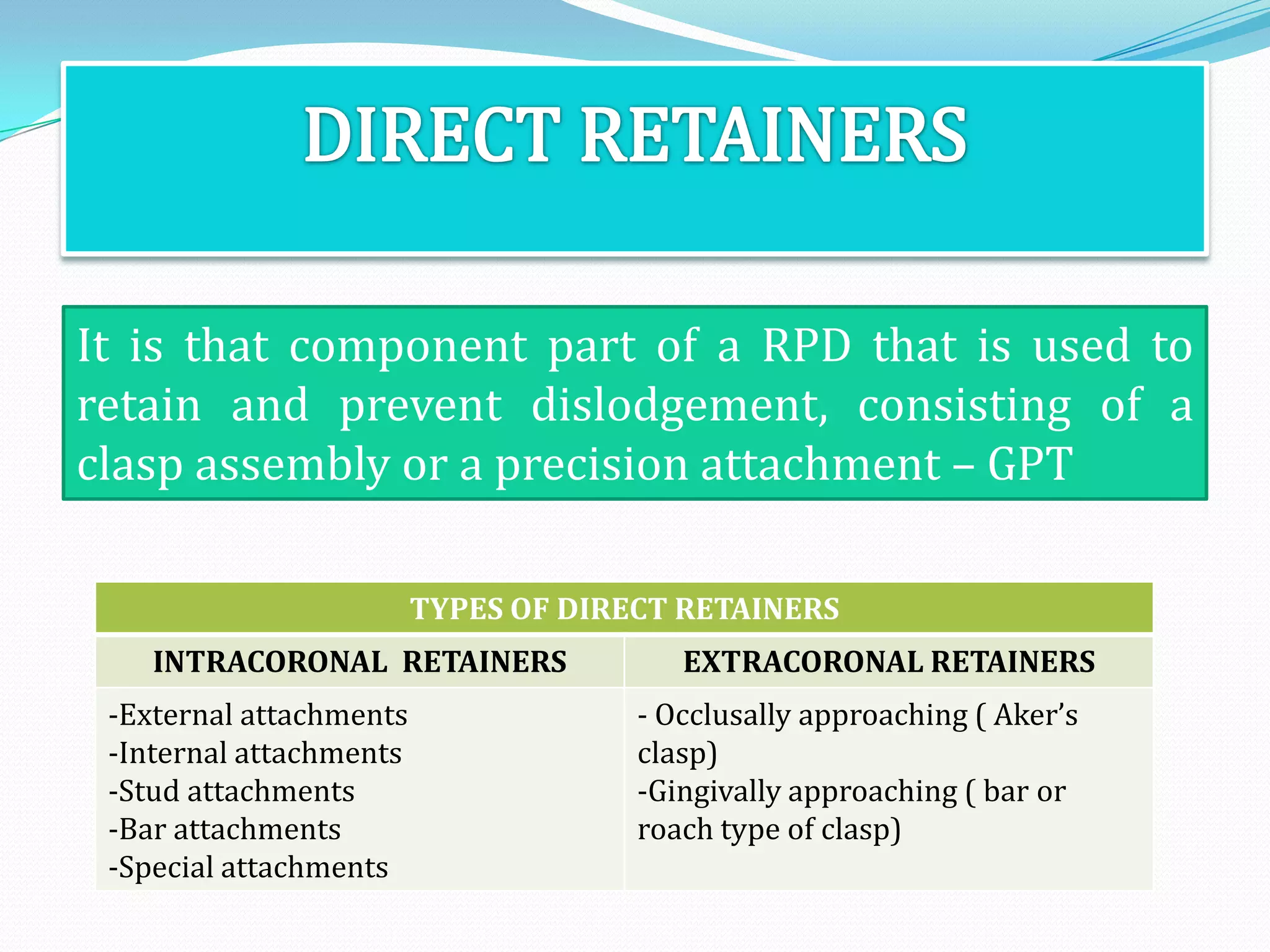 It is that component part of a RPD that is used to
retain and prevent dislodgement, consisting of a
clasp assembly or a precision attachment – GPT

                         TYPES OF DIRECT RETAINERS
    INTRACORONAL RETAINERS               EXTRACORONAL RETAINERS
 -External attachments                - Occlusally approaching ( Aker’s
 -Internal attachments                clasp)
 -Stud attachments                    -Gingivally approaching ( bar or
 -Bar attachments                     roach type of clasp)
 -Special attachments
 