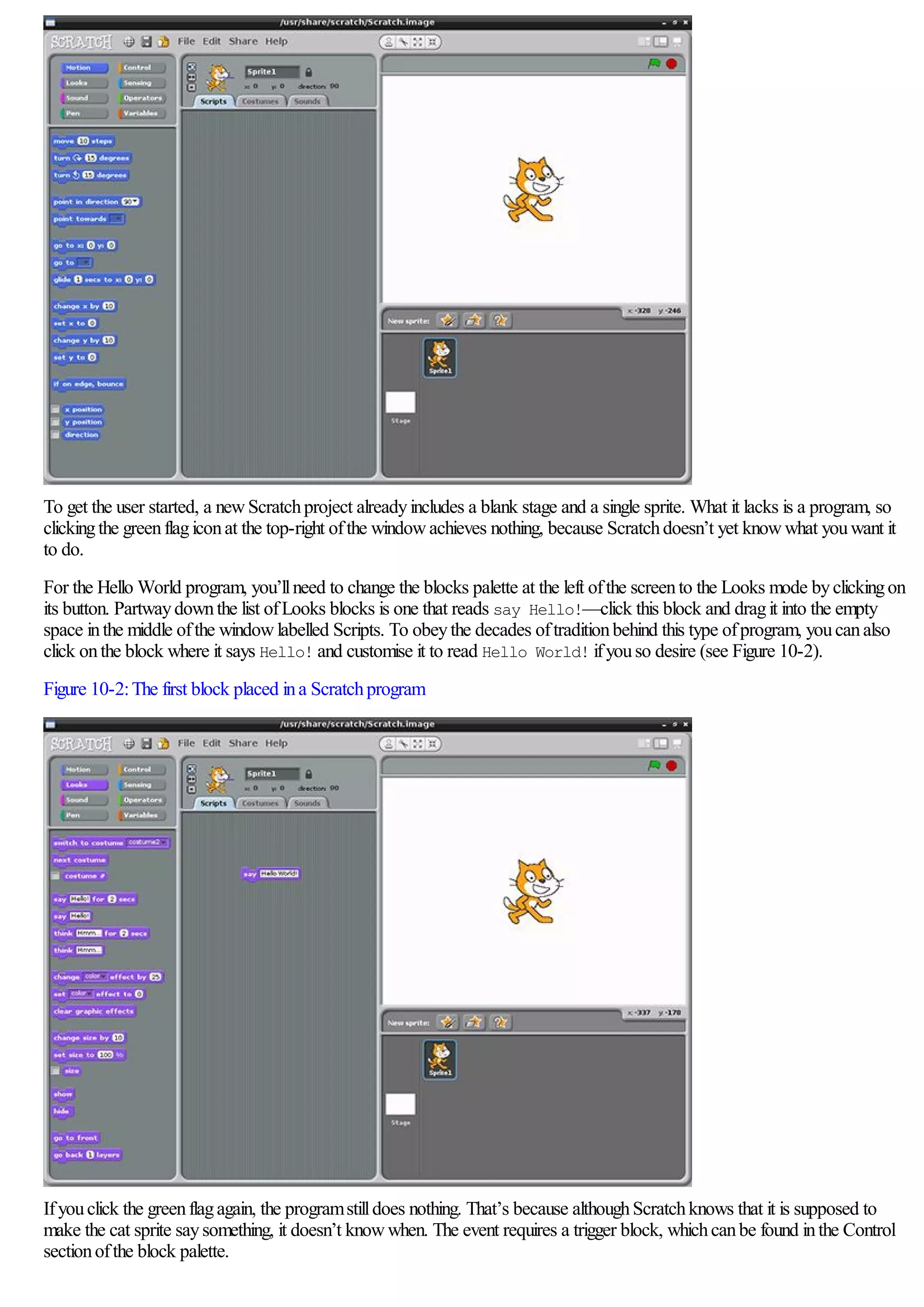 To get the user started, a newScratchproject alreadyincludes a blank stage and a single sprite. What it lacks is a program, so
clickingthe greenflagiconat the top-right ofthe windowachieves nothing, because Scratchdoesn’t yet knowwhat youwant it
to do.
For the Hello World program, you’llneed to change the blocks palette at the left ofthe screento the Looks mode byclickingon
its button. Partwaydownthe list ofLooks blocks is one that reads say Hello!—click this block and dragit into the empty
space inthe middle ofthe windowlabelled Scripts. To obeythe decades oftraditionbehind this type ofprogram, youcanalso
click onthe block where it says Hello! and customise it to read Hello World! ifyouso desire (see Figure 10-2).
Figure 10-2:The first block placed ina Scratchprogram
Ifyouclick the greenflagagain, the programstilldoes nothing. That’s because althoughScratchknows that it is supposed to
make the cat sprite saysomething, it doesn’t knowwhen. The event requires a trigger block, whichcanbe found inthe Control
sectionofthe block palette.
 
