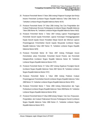 RPJMD Kota Tidore Kepulauan 2016-2021
Terwujudnya Kemandirian Kota Tidore Kepulauan sebagai Kota Jasa
Berbasis Agro-Marine
I - 5Rencana Pembangunan Jangka Menengah Daerah (RPJMD)
20. Peraturan Pemerintah Nomor 8 Tahun 2006 tentang Pelaporan Keuangan dan Kinerja
Instansi Pemerintah (Lembaran Negara Republik Indonesia Tahun 2006 Nomor 25,
Tambahan Lembaran Negara Republik Indonesia Nomor 4614);
21. Peraturan Pemerintah Nomor 39 Tahun 2006 tentang Tata Cara Pengendalian dan
Evaluasi Pelaksanaan Rencana Pembangunan (Lembaran Negara Republik Indonesia
Tahun 2006 Nomor 96, Tambahan Lembaran Negara Republik Indonesia Nomor 4663);
22. Peraturan Pemerintah Nomor 3 Tahun 2007 tentang Laporan Penyelenggaraan
Pemerintah Daerah kepada Pemerintah, Laporan Keterangan Pertanggungjawaban
Kepala Daerah kepada Dewan Perwakilan Rakyat Daerah dan Informasi Laporan
Penyelenggaraan Pemerintahan Daerah kepada Masyarakat (Lembaran Negara
Republik Indonesia Tahun 2007 Nomor 19, Tambahan Lembaran Negara Republik
Indonesia Nomor 4693);
23. Peraturan Pemerintah Nomor 38 Tahun 2007 tentang Pembagian Urusan
Pemerintahan antara Pemerintah, Pemerintah Daerah Provinsi, dan Pemerintah
Kabupaten/Kota (Lembaran Negara Republik Indonesia Nomor 82, Tambahan
Lembaran Negara Republik Indonesia Nomor 4737);
24. Peraturan Pemerintah Nomor 41 Tahun 2007 tentang Organisasi Perangkat Daerah
(Lembaran Negara Republik Indonesia Tahun 2007 Nomor 89, Tambahan Lembaran
Negara Republik Indonesia Nomor 4741);
25. Peraturan Pemerintah Nomor 6 Tahun 2008 tentang Pedoman Evaluasi
Penyelenggaraan Pemerintahan Daerah (Lembaran Negara Republik Indonesia Tahun
2008 Nomor 19, Tambahan Lembaran Negara Republik Indonesia Nomor 4815);
26. Peraturan Pemerintah Nomor 7 Tahun 2008 tentang Dekonsentrasi dan Tugas
Pembantuan (Lembaran Negara Republik Indonesia Tahun 2008 Nomor 20, Tambahan
Lembaran Negara Republik Indonesia Nomor 4816);
27. Peraturan Pemerintah Nomor 8 Tahun 2008 tentang Tahapan, Tata Cara, Penyusunan,
Pengendalian, dan Evaluasi Pelaksanaan Rencana Pembangunan Daerah (Lembaran
Negara Republik Indonesia Tahun 2008 Nomor 21, Tambahan Lembaran Negara
Republik Indonesia Nomor 4817);
 