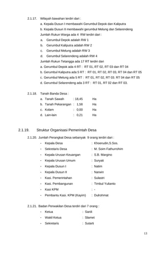 2.1.17. Wilayah bawahan terdiri dari :
a. Kepala Dusun I membawahi Gerumbul Depok dan Kaliputra
b. Kepala Dusun II membawahi gerumbul Melung dan Selarendeng
Jumlah Rukun Warga ada 4 RW terdiri dari :
a. Gerumbul Depok adalah RW 1
b. Gerumbul Kaliputra adalah RW 2
c. Gerumbul Melung adalah RW 3
d. Gerumbul Selarendeng adalah RW 4
Jumlah Rukun Tetangga ada 17 RT terdiri dari
a. Gerumbul Depok ada 4 RT : RT 01, RT 02, RT 03 dan RT 04
b. Gerumbul Kaliputra ada 5 RT : RT 01, RT 02, RT 03, RT 04 dan RT 05
c. Gerumbul Melung ada 5 RT : RT 01, RT 02, RT 03. RT 04 dan RT 05
d. Gerumbul Selarendeng ada 3 RT : RT 01, RT 02 dan RT 03.
2.1.18. Tanah Banda Desa :
a. Tanah Sawah : 18,45 Ha
b. Tanah Pekarangan : 1,58 Ha
c. Kolam : 0,00 Ha
d. Lain-lain : 0,21 Ha
2.1.19. Struktur Organisasi Pemerintah Desa
2.1.20. Jumlah Perangkat Desa sebanyak 9 orang terdiri dari :
- Kepala Desa : Khoerudin,S.Sos.
- Sekretaris Desa : M. Soim Fathurrohim
- Kepala Urusan Keuangan : S.B. Margino
- Kepala Urusan Umum : Suryati
- Kepala Dusun I : Natim
- Kepala Dusun II : Narwin
- Kasi. Pemerintahan : Sulastri
- Kasi. Pembangunan : Timbul Yulianto
- Kasi KPM : -
- Pembantu Kasi. KPM (Kayim) : Dulrohmat
2.1.21. Badan Perwakilan Desa terdiri dari 7 orang :
- Ketua : Sardi
- Wakil Ketua : Slamet
- Sekretaris : Sutarti
13
 