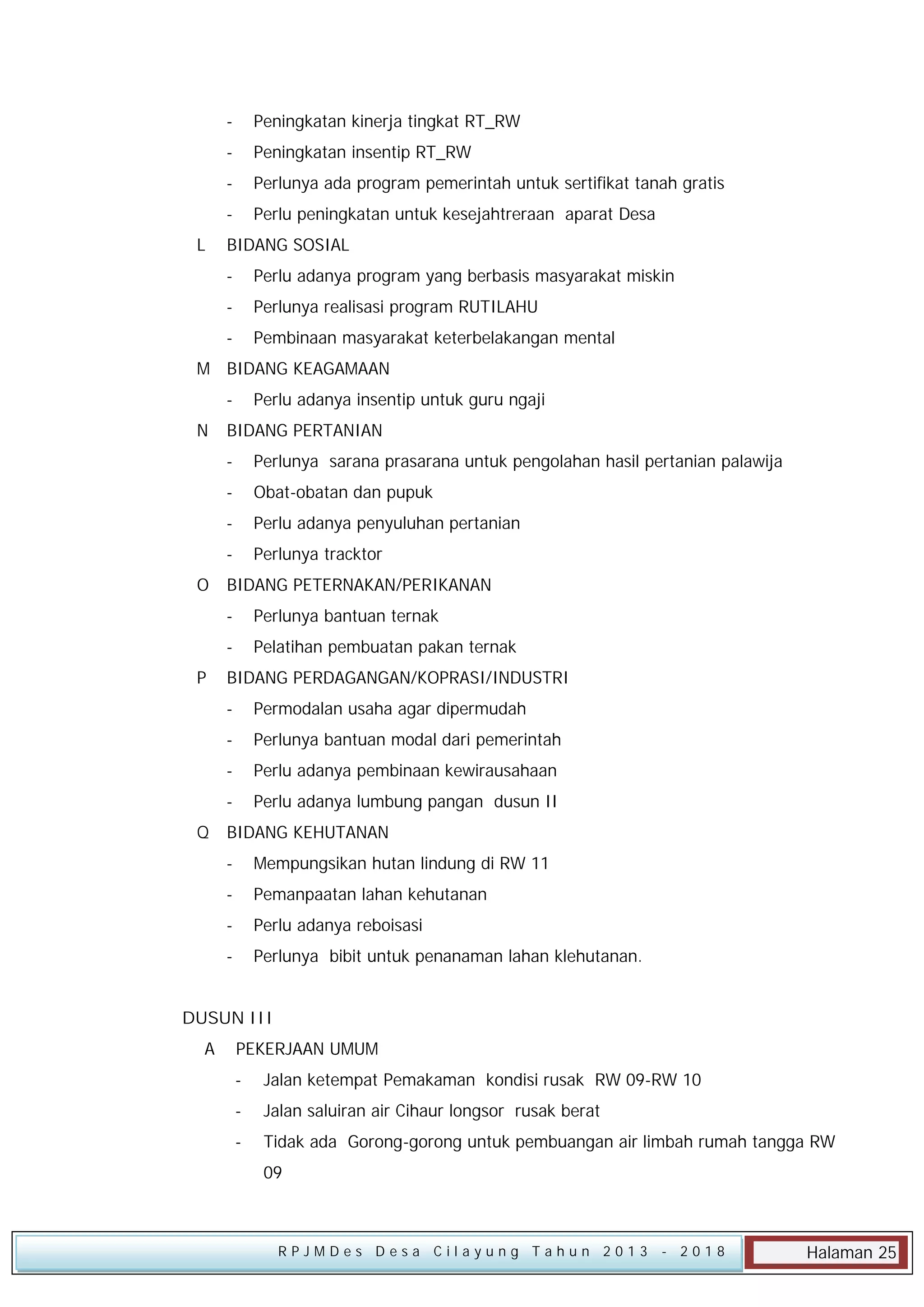 -

Peningkatan insentip RT_RW

-

Perlunya ada program pemerintah untuk sertifikat tanah gratis

L

Peningkatan kinerja tingkat RT_RW

Perlu peningkatan untuk kesejahtreraan aparat Desa

BIDANG SOSIAL
-

Perlu adanya program yang berbasis masyarakat miskin

-

Perlunya realisasi program RUTILAHU

-

Pembinaan masyarakat keterbelakangan mental

M BIDANG KEAGAMAAN
Perlu adanya insentip untuk guru ngaji

N

BIDANG PERTANIAN
-

Obat-obatan dan pupuk

-

Perlu adanya penyuluhan pertanian

O

Perlunya sarana prasarana untuk pengolahan hasil pertanian palawija

Perlunya tracktor

BIDANG PETERNAKAN/PERIKANAN
-

P

Perlunya bantuan ternak
Pelatihan pembuatan pakan ternak

BIDANG PERDAGANGAN/KOPRASI/INDUSTRI
-

Perlunya bantuan modal dari pemerintah

-

Perlu adanya pembinaan kewirausahaan

Q

Permodalan usaha agar dipermudah

Perlu adanya lumbung pangan dusun II

BIDANG KEHUTANAN
-

Mempungsikan hutan lindung di RW 11

-

Pemanpaatan lahan kehutanan

-

Perlu adanya reboisasi

-

Perlunya bibit untuk penanaman lahan klehutanan.

DUSUN III
A

PEKERJAAN UMUM
-

Jalan ketempat Pemakaman kondisi rusak RW 09-RW 10

-

Jalan saluiran air Cihaur longsor rusak berat

-

Tidak ada Gorong-gorong untuk pembuangan air limbah rumah tangga RW
09

RPJMDes Desa Cilayung Tahun 2013

- 2018

Halaman 25

 