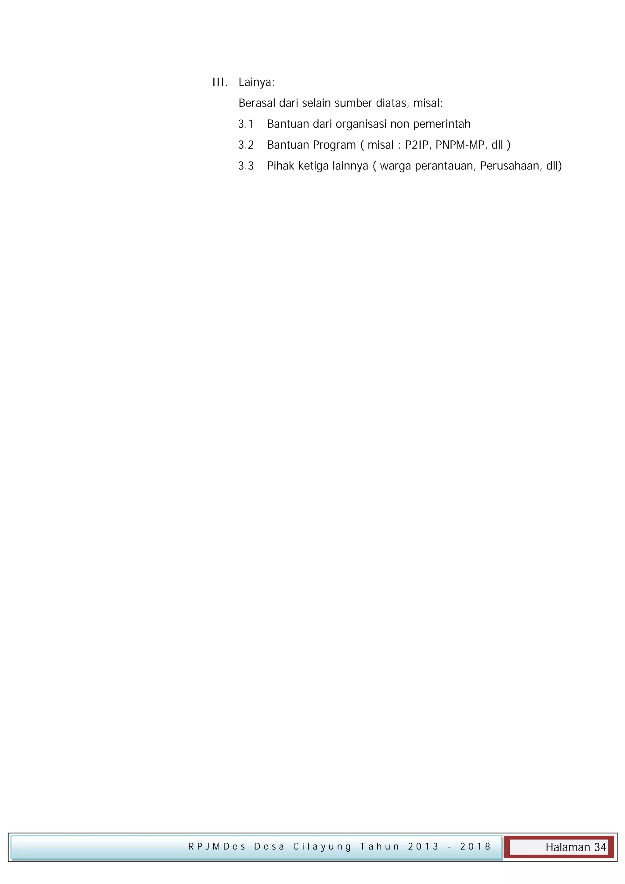 III. Lainya:
Berasal dari selain sumber diatas, misal:
3.1

Bantuan dari organisasi non pemerintah

3.2

Bantuan Program ( misal : P2IP, PNPM-MP, dll )

3.3

Pihak ketiga lainnya ( warga perantauan, Perusahaan, dll)

RPJMDes Desa Cilayung Tahun 2013

- 2018

Halaman 34

 