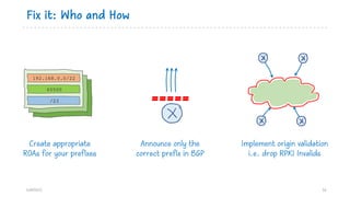 Fix it: Who and How
bdNOG12 16
192.168.0.0/22
65500
/23
Create appropriate
ROAs for your prefixes
Announce only the
correct prefix in BGP
Implement origin validation
i.e. drop RPKI Invalids
 