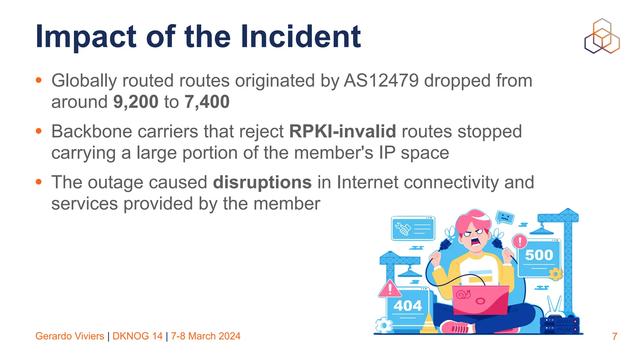 Gerardo Viviers | DKNOG 14 | 7-8 March 2024
Impact of the Incident
• Globally routed routes originated by AS12479 dropped from
around 9,200 to 7,400
• Backbone carriers that reject RPKI-invalid routes stopped
carrying a large portion of the member's IP space
• The outage caused disruptions in Internet connectivity and
services provided by the member
7
 