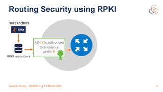 Gerardo Viviers | DKNOG 14 | 7-8 March 2024 4
Routing Security using RPKI
RPKI repository
ASN K is authorised
to announce
pre
fi
x Y
RIRs
Trust Anchors
 