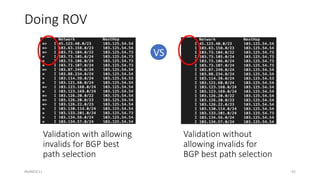 Doing ROV
#bdNOG11
VS
Validation with allowing
invalids for BGP best
path selection
Validation without
allowing invalids for
BGP best path selection
43
 