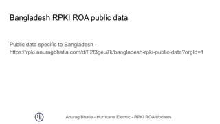 Anurag Bhatia - Hurricane Electric - RPKI ROA Updates
Bangladesh RPKI ROA public data
Public data specific to Bangladesh -
https://rpki.anuragbhatia.com/d/F2f3geu7k/bangladesh-rpki-public-data?orgId=1
 