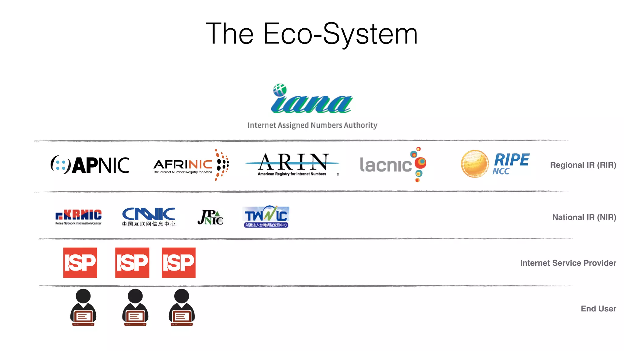 The Eco-System
National IR (NIR)
Internet Service Provider
End User
Regional IR (RIR)
 