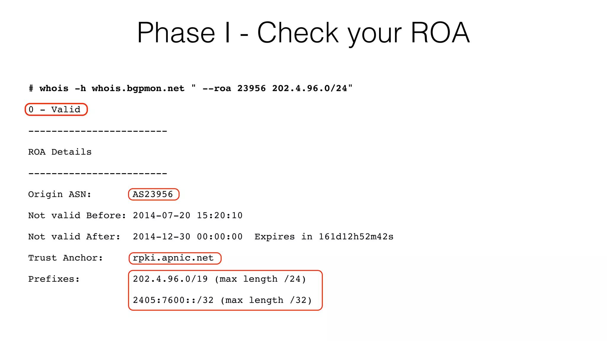 # whois -h whois.bgpmon.net " --roa 23956 202.4.96.0/24"
0 - Valid
------------------------
ROA Details
------------------------
Origin ASN: AS23956
Not valid Before: 2014-07-20 15:20:10
Not valid After: 2014-12-30 00:00:00 Expires in 161d12h52m42s
Trust Anchor: rpki.apnic.net
Prefixes: 202.4.96.0/19 (max length /24)
2405:7600::/32 (max length /32)
Phase I - Check your ROA
 