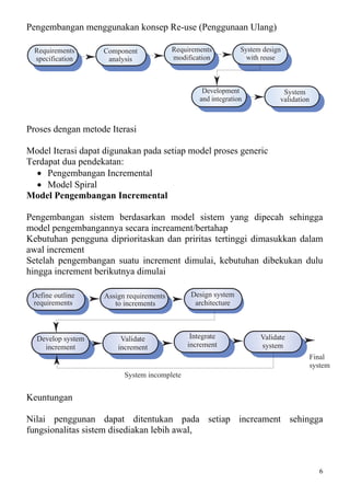 Pengembangan menggunakan konsep Re-use (Penggunaan Ulang)

  Requirements     Component             Requirements          System design
  specification     analysis             modification            with reuse



                                                  Development               System
                                                 and integration           validation



Proses dengan metode Iterasi

Model Iterasi dapat digunakan pada setiap model proses generic
Terdapat dua pendekatan:
  • Pengembangan Incremental
  • Model Spiral
Model Pengembangan Incremental

Pengembangan sistem berdasarkan model sistem yang dipecah sehingga
model pengembangannya secara increament/bertahap
Kebutuhan pengguna diprioritaskan dan priritas tertinggi dimasukkan dalam
awal increment
Setelah pengembangan suatu increment dimulai, kebutuhan dibekukan dulu
hingga increment berikutnya dimulai

 Define outline    Assign requirements        Design system
 requirements         to increments            architecture



  Develop system        Validate              Integrate              Validate
    increment          increment             increment               system
                                                                                        Final
                                                                                        system
                         System incomplete


Keuntungan

Nilai penggunan dapat ditentukan pada setiap increament sehingga
fungsionalitas sistem disediakan lebih awal,



                                                                                          6
 