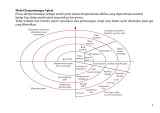 Model Pengembangan Spiral
Proses direpresentasikan sebagai model spiral (bukan berupa barisan aktfitas yang dapat ditrack mundur)
Setiap loop dalam model spiral menyatakan fase proses,
Tidak terdapat fase tertentu seperti spesifikasi atau perancangan, tetapi loop dalam spiral ditentukan pada apa
yang dibutuhkan,
          Determine objectives
                                                                                      Evaluate alternatives
            alternatives and
                                                                                      identify, resolve risks
               constraints                                               Risk
                                                                        analysis
                                                               Risk
                                                              analysis
                                                         Risk
                                                        analysis                                    Opera-
                                                                                   Prototype 3      tional
                                                                  Prototype 2                       protoype
                                                      Risk
                                        REVIEW       analysis Proto-
                                                              type 1
                                 Requirements plan                        Simulations, models, benchmarks
                                  Life-cycle plan    Concept of
                                                     Operation         S/W
                                                                   requirements       Product
                                                                                      design      Detailed
                                                     Requirement                                   design
                                    Development
                                       plan           validation                               Code
                                                         Design                         Unit test
                                     Integration
                                    and test plan        V&V            Integration
            Plan next phase                                                 test
                                                             Acceptance
                                                     Service    test          Develop, verify
                                                                              next-level product



                                                                                                                8
 