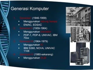 Generasi Komputer
1. Generasi I (1946-1959)
 Menggunakan tabung hampa
 ENIAC, EDSAC
2. Generasi II (1959-1964)
 Menggunakan transistor
 PDP-1, PDP-8, UNIVAC, IBM
70xx
3. Generasi III (1964-1979)
 Menggunakan IC
 IBM S360, NOVA, UNIVAC
1108
4. Generasi IV (1980-sekarang)
 Menggunakan VLSI
 