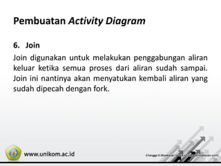 Pembuatan Activity Diagram
6. Join
Join digunakan untuk melakukan penggabungan aliran
keluar ketika semua proses dari aliran sudah sampai.
Join ini nantinya akan menyatukan kembali aliran yang
sudah dipecah dengan fork.
 