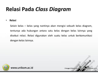 Relasi Pada Class Diagram
• Relasi
Selain kelas – kelas yang nantinya akan mengisi sebuah kelas diagram,
tentunya ada hubungan antara satu kelas dengan kelas lainnya yang
disebut relasi. Relasi digunakan oleh suatu kelas untuk berkomunikasi
dengan kelas lainnya.
 