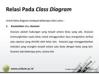 Relasi Pada Class Diagram
Untuk kelas diagram terdapat beberapa relasi yaitu :
1. Association atau Asosiasi
Asosiasi adalah hubungan yang terjadi antara kelas yang ada. Asosiasi
memungkinkan suatu kelas untuk menggunakan atau mengetahui atribut
atau operasi yang dimiliki oleh kelas lain. Asosiasi juga menggambarkan
interaksi yang mungkin terjadi antara satu kelas dengan kelas yang lain.
Asosiasi ada beberapa jenis, antara lain
 