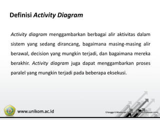 Definisi Activity Diagram
Activity diagram menggambarkan berbagai alir aktivitas dalam
sistem yang sedang dirancang, bagaimana masing-masing alir
berawal, decision yang mungkin terjadi, dan bagaimana mereka
berakhir. Activity diagram juga dapat menggambarkan proses
paralel yang mungkin terjadi pada beberapa eksekusi.
 