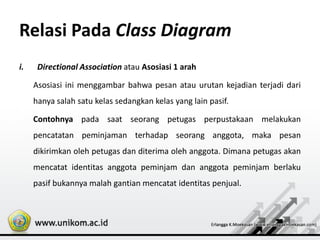 Relasi Pada Class Diagram
i. Directional Association atau Asosiasi 1 arah
Asosiasi ini menggambar bahwa pesan atau urutan kejadian terjadi dari
hanya salah satu kelas sedangkan kelas yang lain pasif.
Contohnya pada saat seorang petugas perpustakaan melakukan
pencatatan peminjaman terhadap seorang anggota, maka pesan
dikirimkan oleh petugas dan diterima oleh anggota. Dimana petugas akan
mencatat identitas anggota peminjam dan anggota peminjam berlaku
pasif bukannya malah gantian mencatat identitas penjual.
 